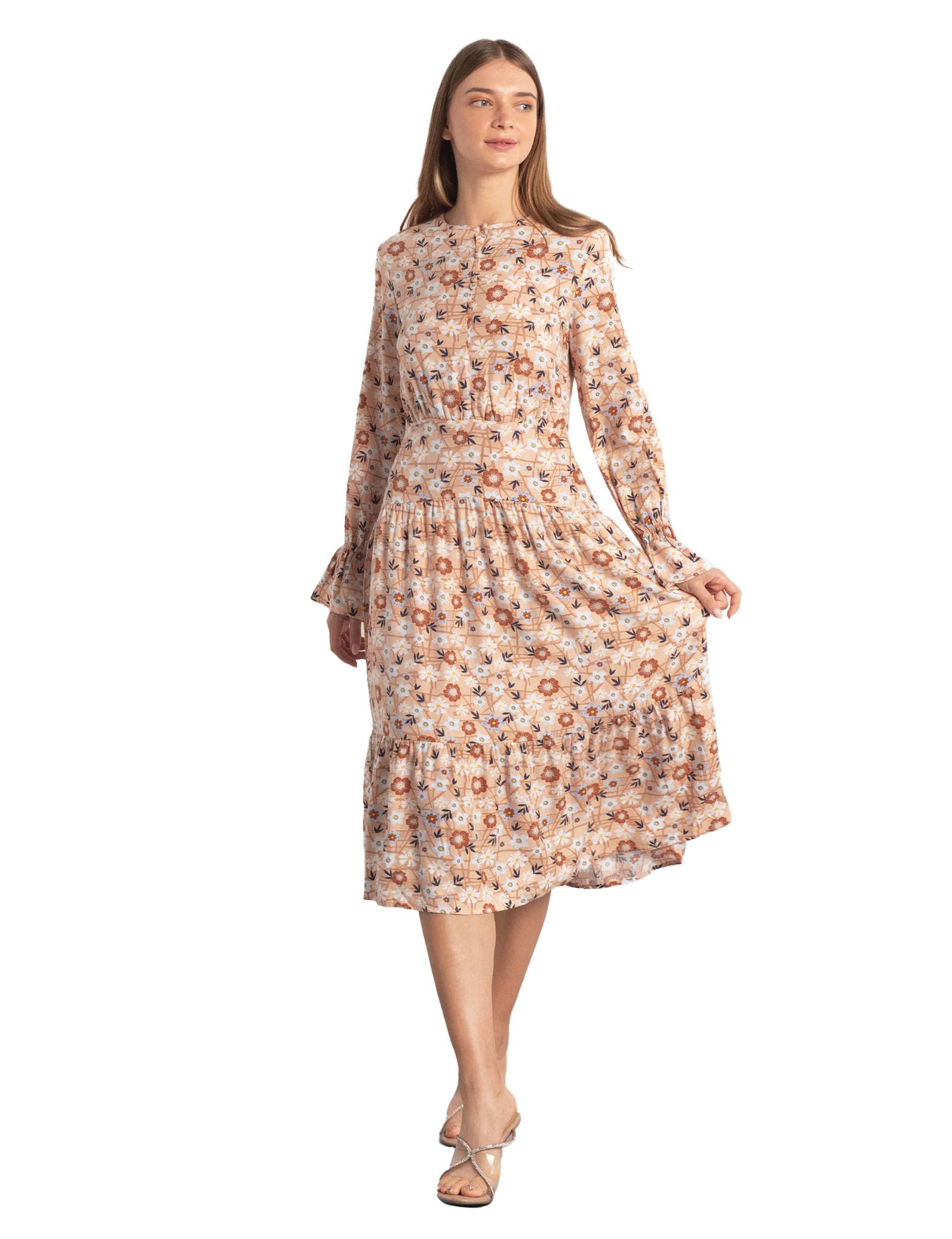 Enorsia Women's Brown Viscose Long Sleeve Midi Dress In Size 14