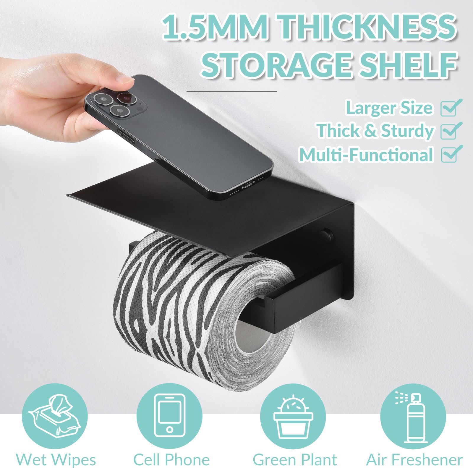 APLusee Matte Black Toilet Paper Holder with Shelf, Left Side 304 Stainless Steel Tissue Hanger, Wall Mounted - Image 2