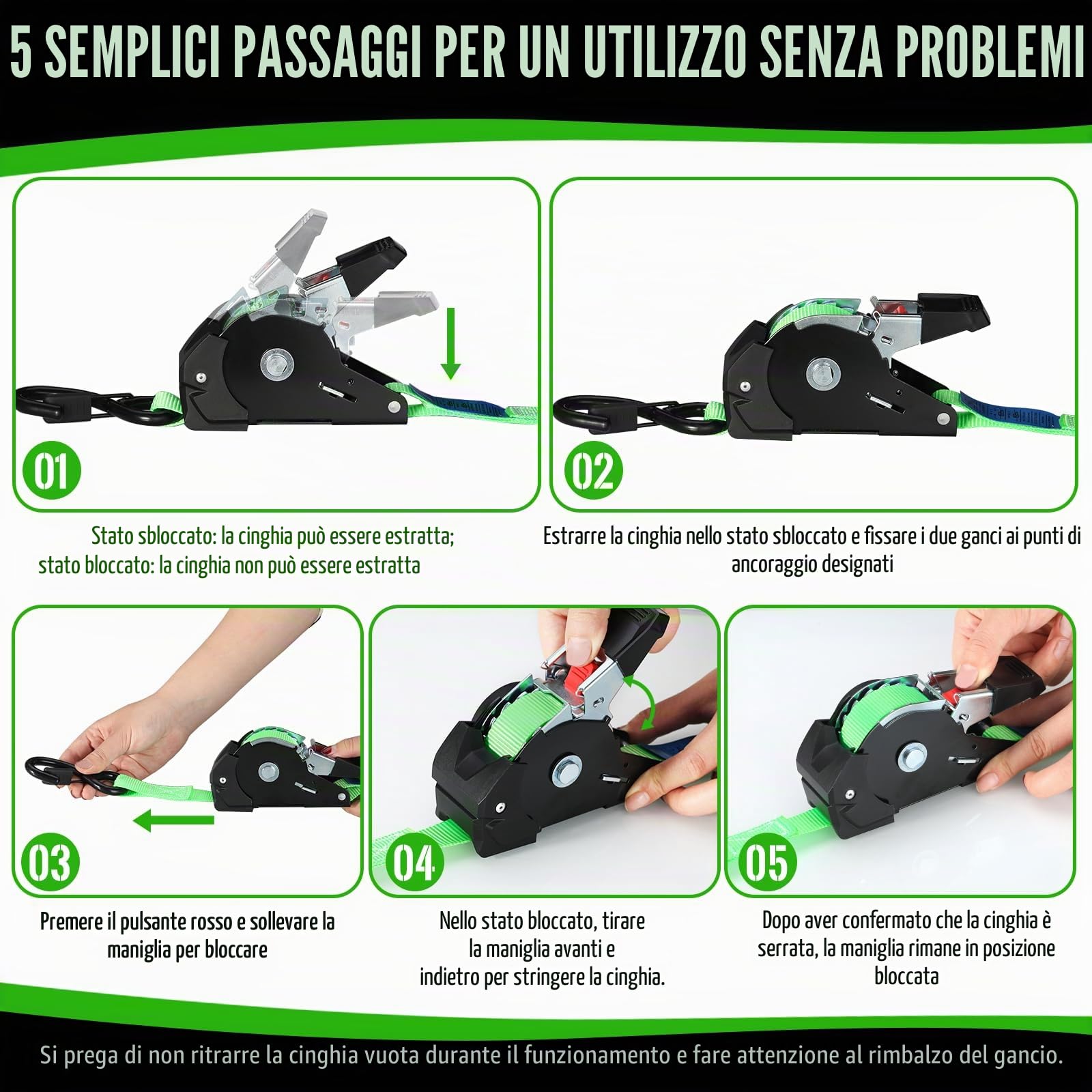 TLGREEN Cinghie di ancoraggio automatiche 4 pezzi, 3 m x 25mm, Cinghie di tensione autoavvolgenti con ganci a S, resistenza alla rottura 748kg, cinghie di fissaggio per camion, rimorchi, moto