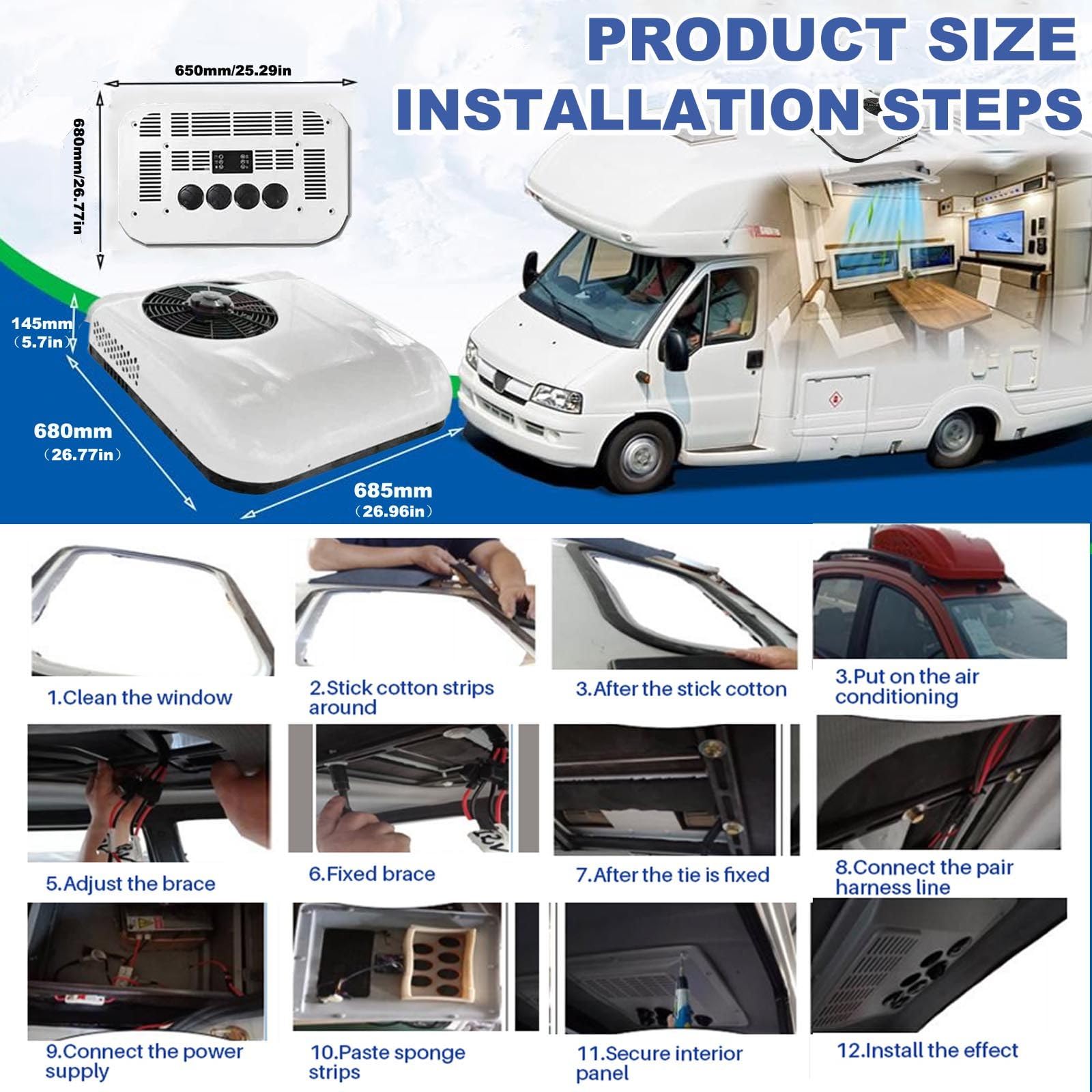 Aire Acondicionado De Techo para Autocaravanas 850w,12V/24V (RefrigeracióN/RefrigeracióN + CalefaccióN), para Minivans, Caravanas, Camiones,Autocaravanas,Excavadoras,WhiteCool24v