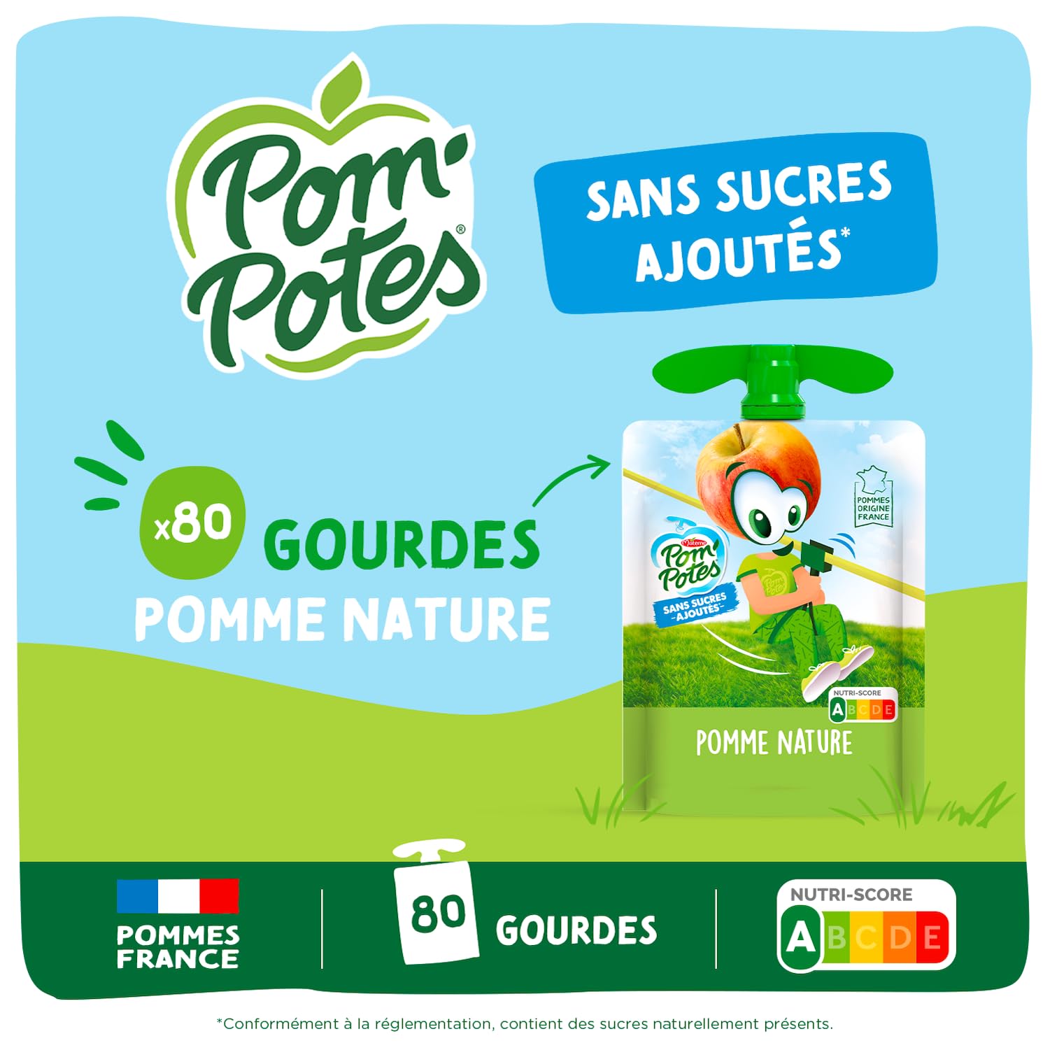 POM'POTES® Compote Gourde sans Sucres Ajoutés Pomme Nature 80x90g | Source De Fibres, Nutri-Score A, 3 Ans Et Plus