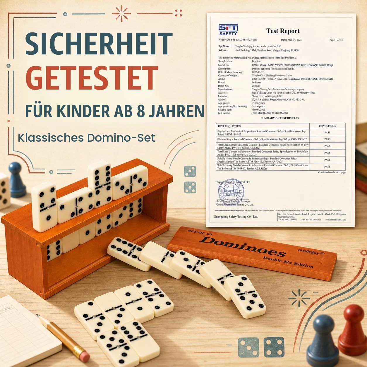 Smilejoy Dominos Set für Erwachsene -Jumbo Größe Dominos Doppel Sechs Edition- Klassische Brettspiele- Dicke Größe Doppel 6 Domino Set mit Deluxe Braun Holz Box, 28 Fliesen (2-4 Spieler)