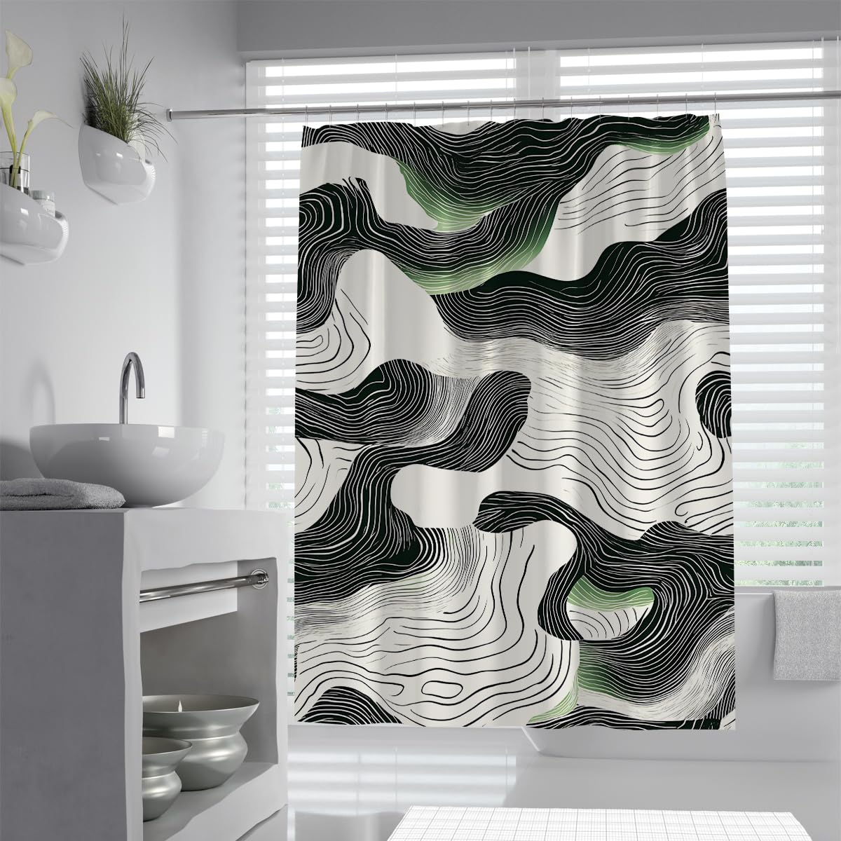 UIRINGART Modern Abstract Marble Waves Shower Curtain W90xL180cm Contemporary Geometric Green Black Swirl Lines Polyester Waterproof Anti Mould Guest Toilet Bathroom Screen With Hook