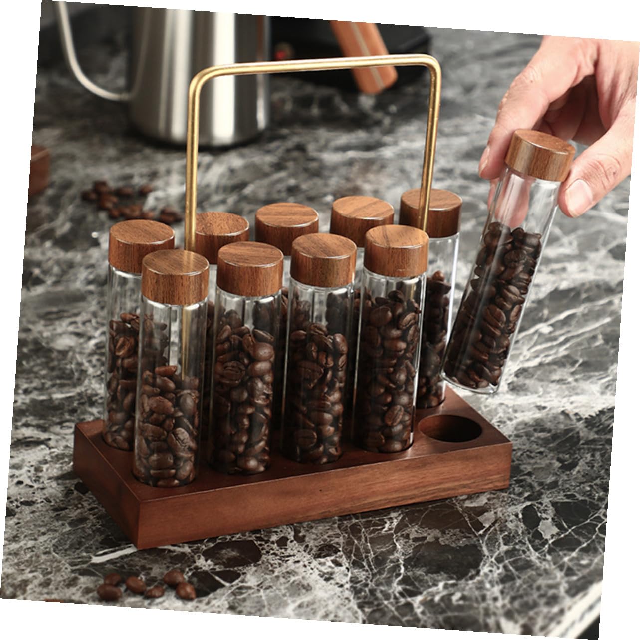 Ipetboom Teiliges Kaffee bohnen aufbewahrungsset Glasröhrchen mit Holzständer Luftdichte Kaffeebohnen Behälter Transparent Wiederverwendbar Stilvolles Küchen display für Kaffee liebhaber