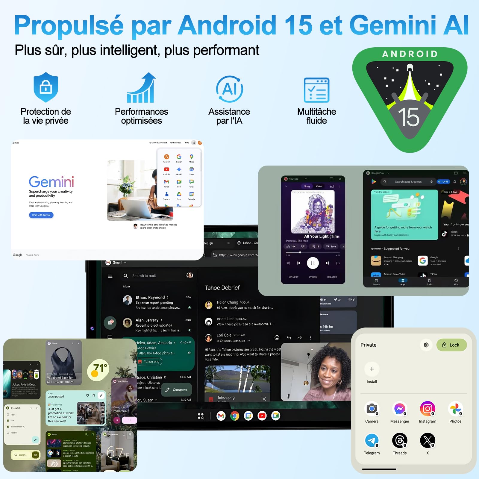 Tablette 10 Pouces Android 15 avec Gemini AI, 22Go RAM+ 128Go ROM(Extension de 2To), Octa-Core, WiFi 6, BT 5.0, Widevine L1, 6000 mAh, Corps métallique, Tablette Tactile avec Clavier et Souris, Gris