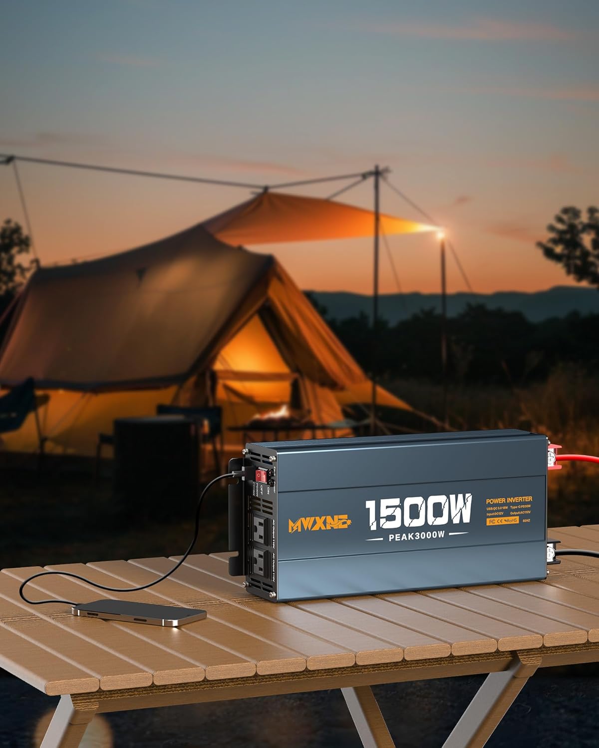 1500W Power Inverter, 12V DC to 120V AC Converter with Dual AC Outlets,QC3.0 18W USB and 30W Type-C, Car Inverter for Truck RV Home - Navy Blue/Black