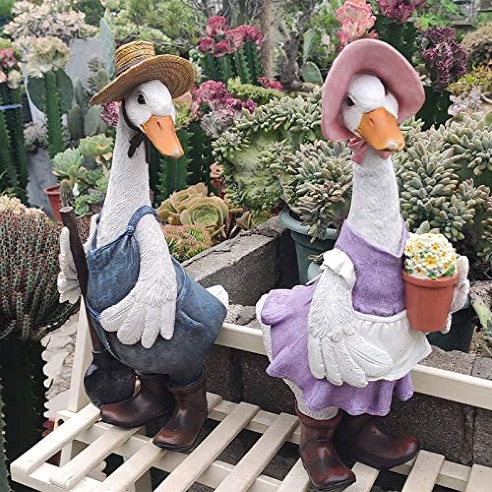 Urocze kaczki z żywicy na zewnątrz statuetka, kaczka ogrodnik ozdoba prezent, elastyczne sztuczne ozdoby kaczki na zewnątrz podwórko trawnik ogród dekoracje-A