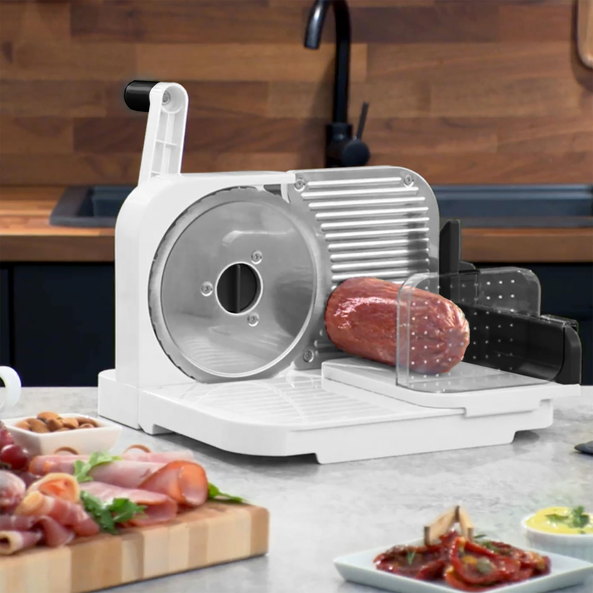 Starfrit Cortador de delicatessen, rebanadas de carne, queso, pan, hoja de acero inoxidable de 6.5 pulgadas, perilla de grosor ajustable, anidable para un fácil almacenamiento, frutas y verduras 2 en