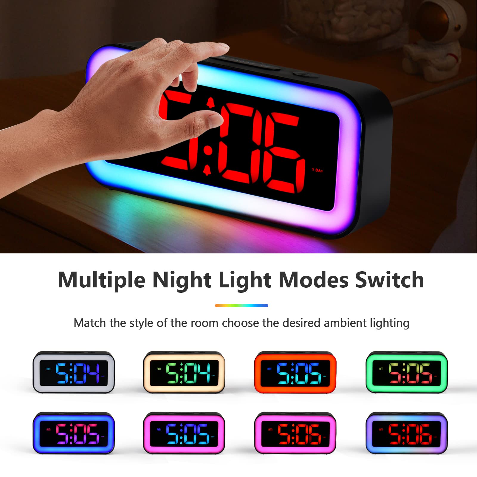 Digital alarm clock with Night Light for Bedrooms Super Loud Alarm Clock with Simple LED Display 8 RGB Night light & 7 RGB Digital - Image 3