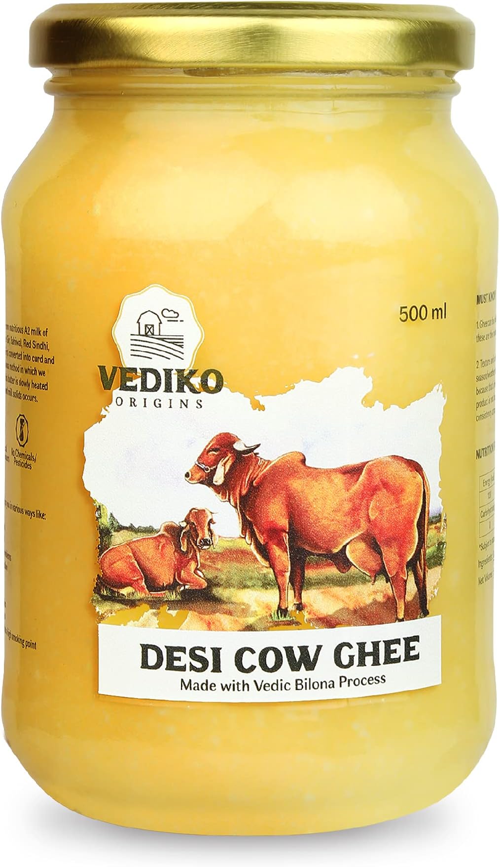 Vediko Origins A2 Desi Cow Ghee | 100% Pure Desi Cow Ghee, A2 Certified | Vedic Bilona Method | Immunity Booster| Energy Enhancer - 500 ML (Glass Bottle)