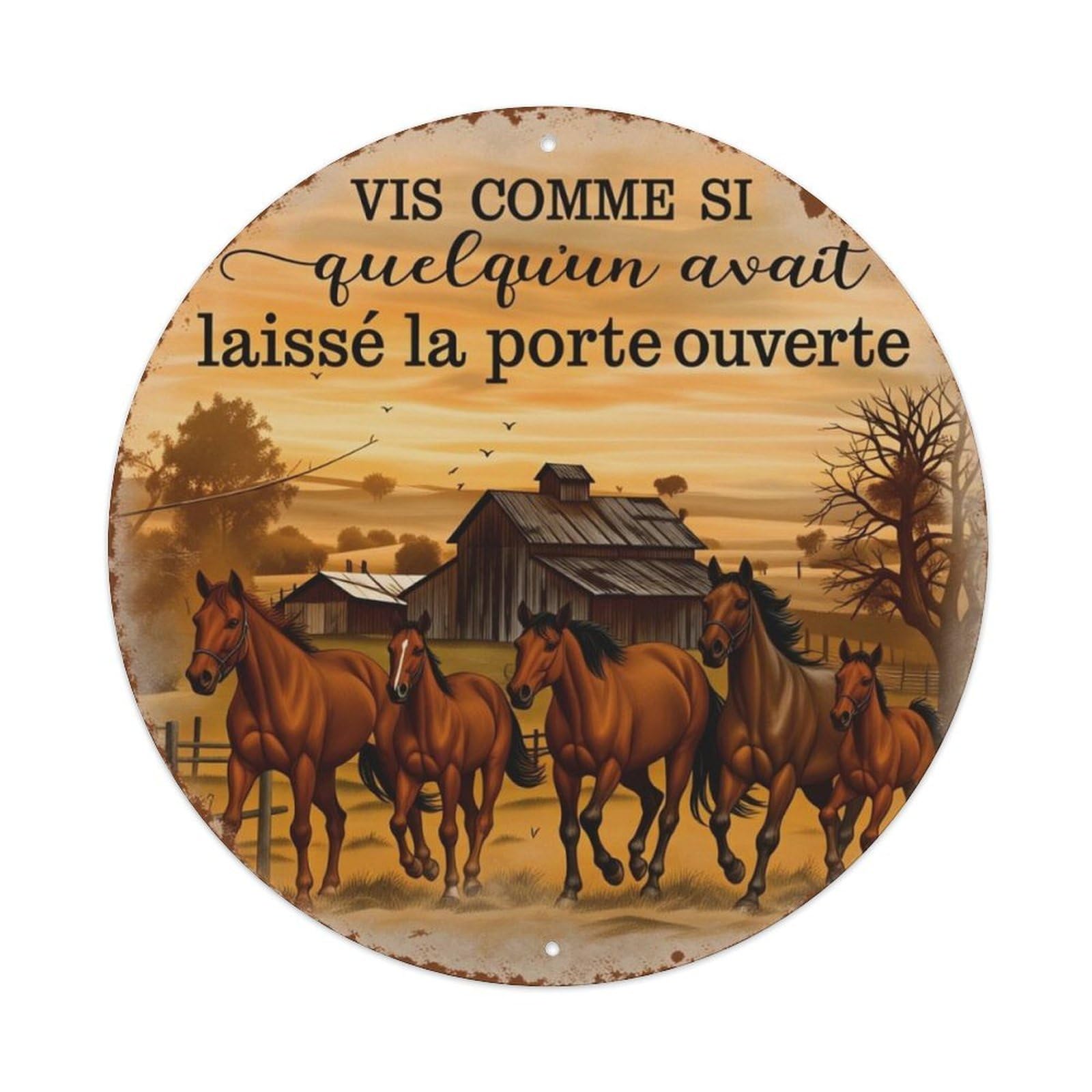 French Country Horse Farm Vintage Round Decor Sign Vintage Aluminium Metal Sign, Retro Wall Decor for Home, Bar, Garage & Farmhouse 20x20cm