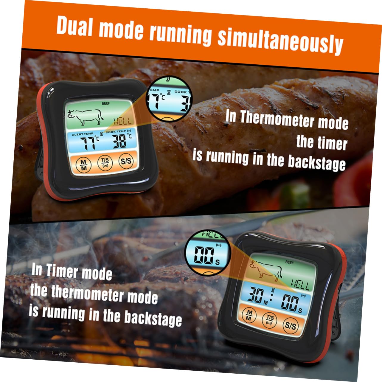 Termómetro Digital de Cocina Temporizador, Acero Inoxidable Negro