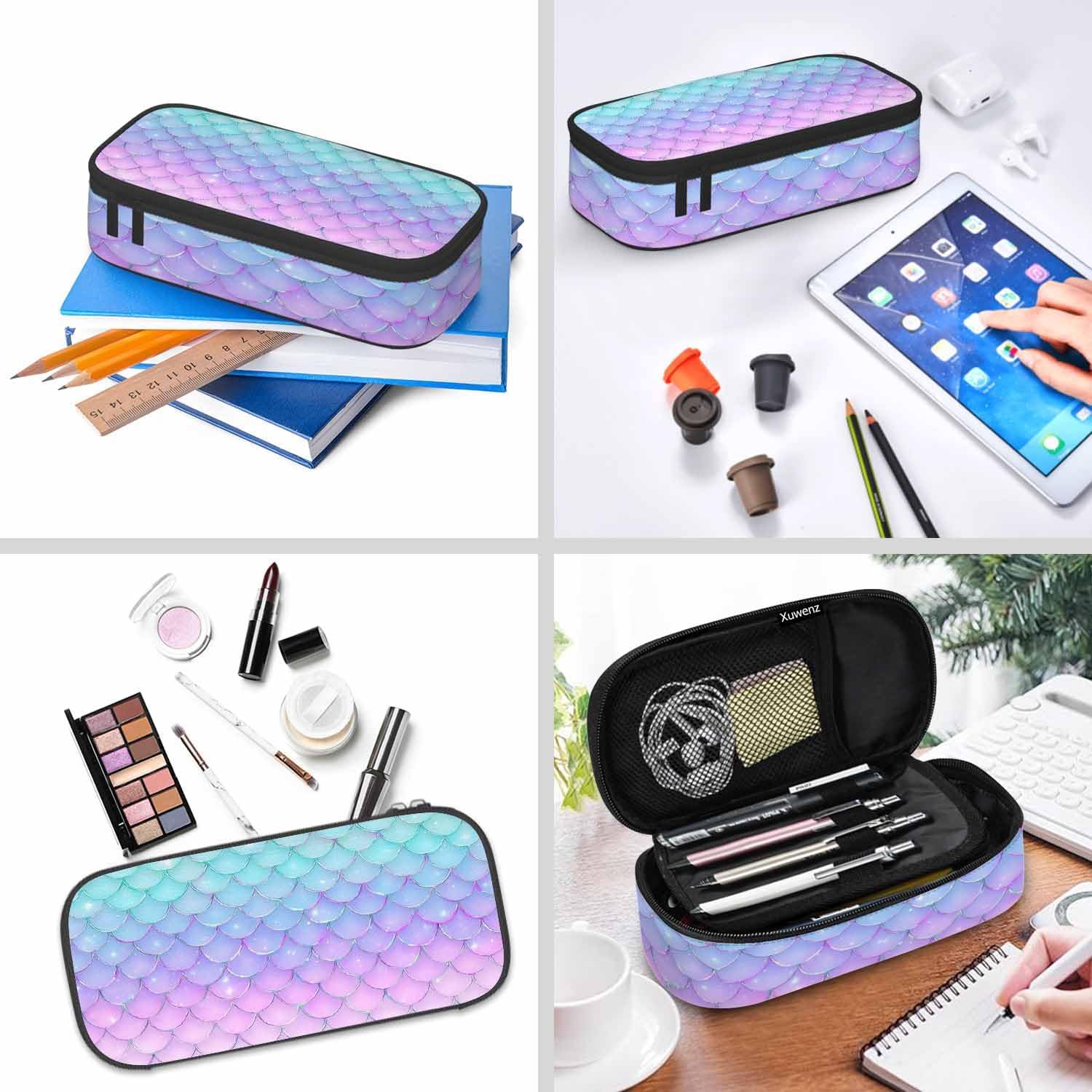 Mermaid Scales Pencil Case Organizer Pink Blue Fish Scales Glitters Line Underwater Sea Stationery Box Makeup Box School Supply for Boy Girl Men Women