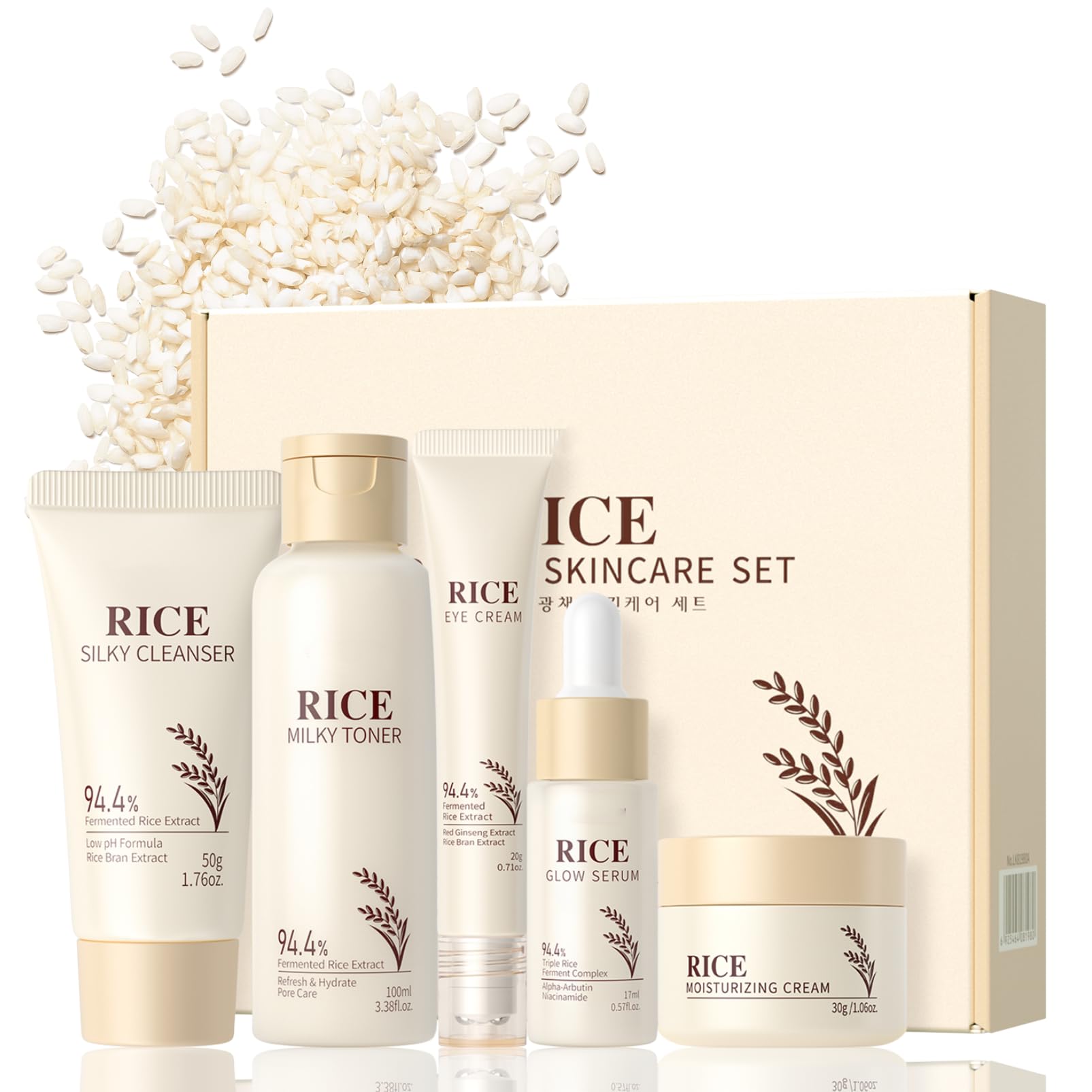 Korean Rice Skincare Set, 5PCS Hydrating Rice Face Care Kit Gift Set including Cleanser, Toner, Serum, Cream & Eye Cream