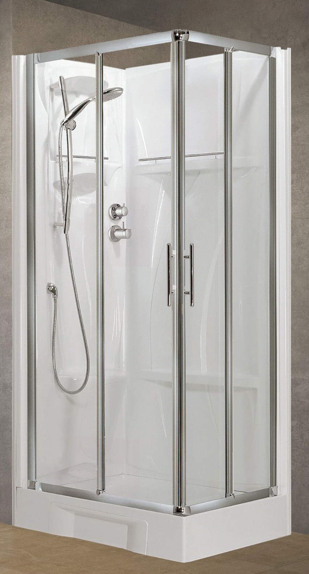 Novellini New Holiday A90 Standard 90 x 90 cm Cabina de ducha multifunción apertura 2 puertas correderas 2 fijas ángulo izquierdo derecho mezclador termostático cristal transparente perfil plateado