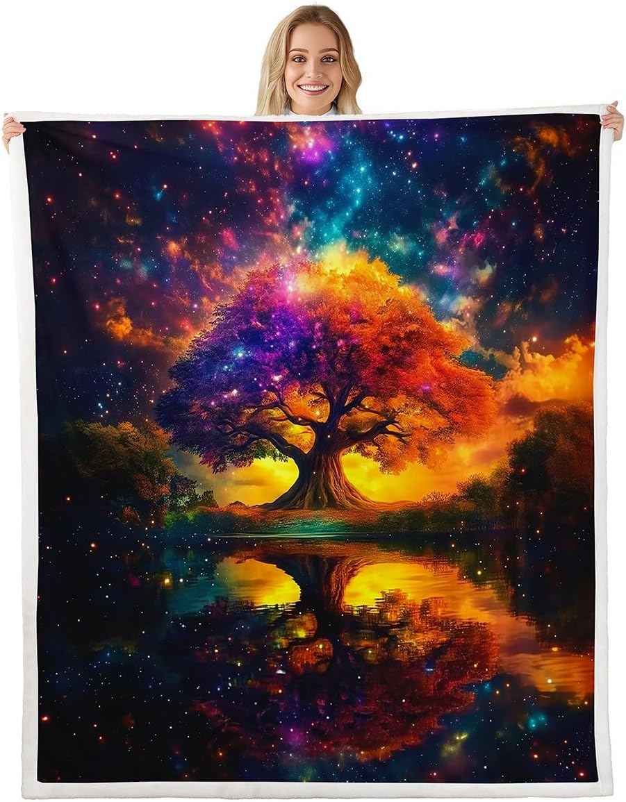 Erosebridal Tree of Life Throw Blanket Rainbow Tree of Life Twin 60"X80" Fleece Blanket for Kids Boys Girls Bed Sofa,Galaxy Starry Sky Sherpa Blanket Lakes Tree of Life Plush Bed Blanket
