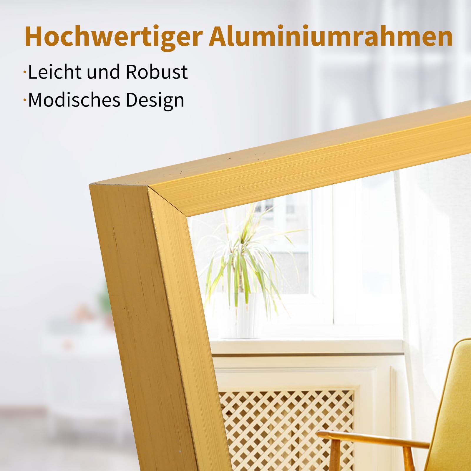 Lustro stojące HD na całe ciało, 140 x 40 cm, złote lustro stojące z ramą ze stopu aluminium, szkło hartowane, do sypialni, garderoby, salonu, garderoby