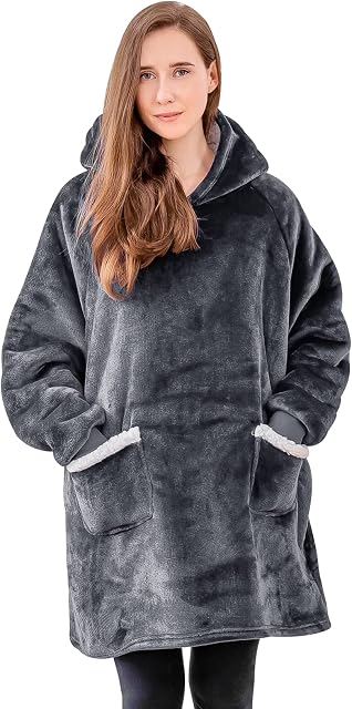 Aisbo Sherpa Fleece Blanket Hoodie Women - Oversized Wearable Hoodie Blanket for Mens Adult, Warm Thick Hooded Blanket as Gifts for Her Ladies, Grey, 112x94cm