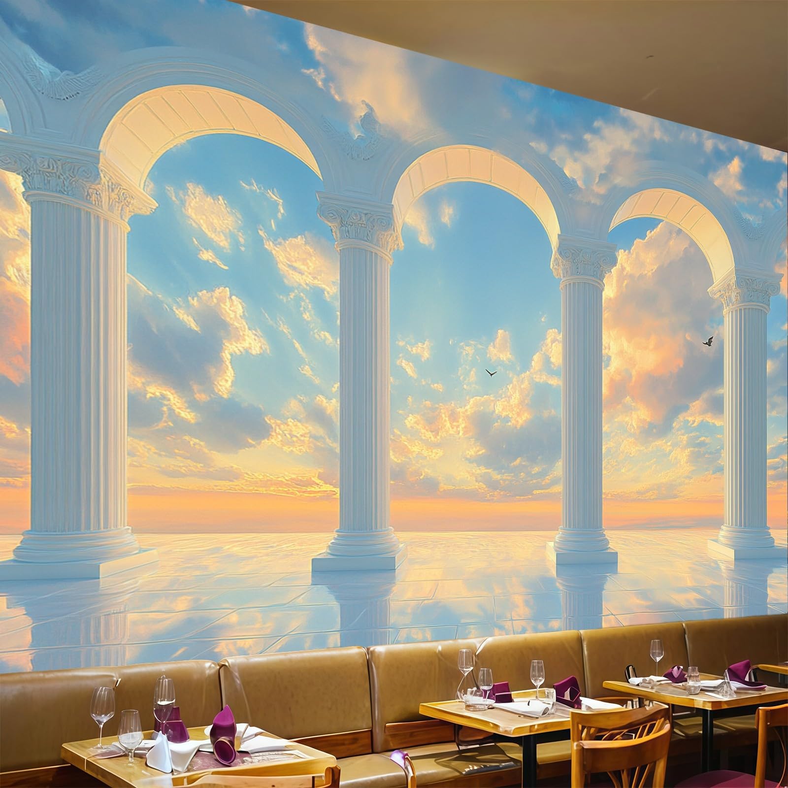 Papier peint intissé paysage de colonnes 450x315cm bleu pour salon