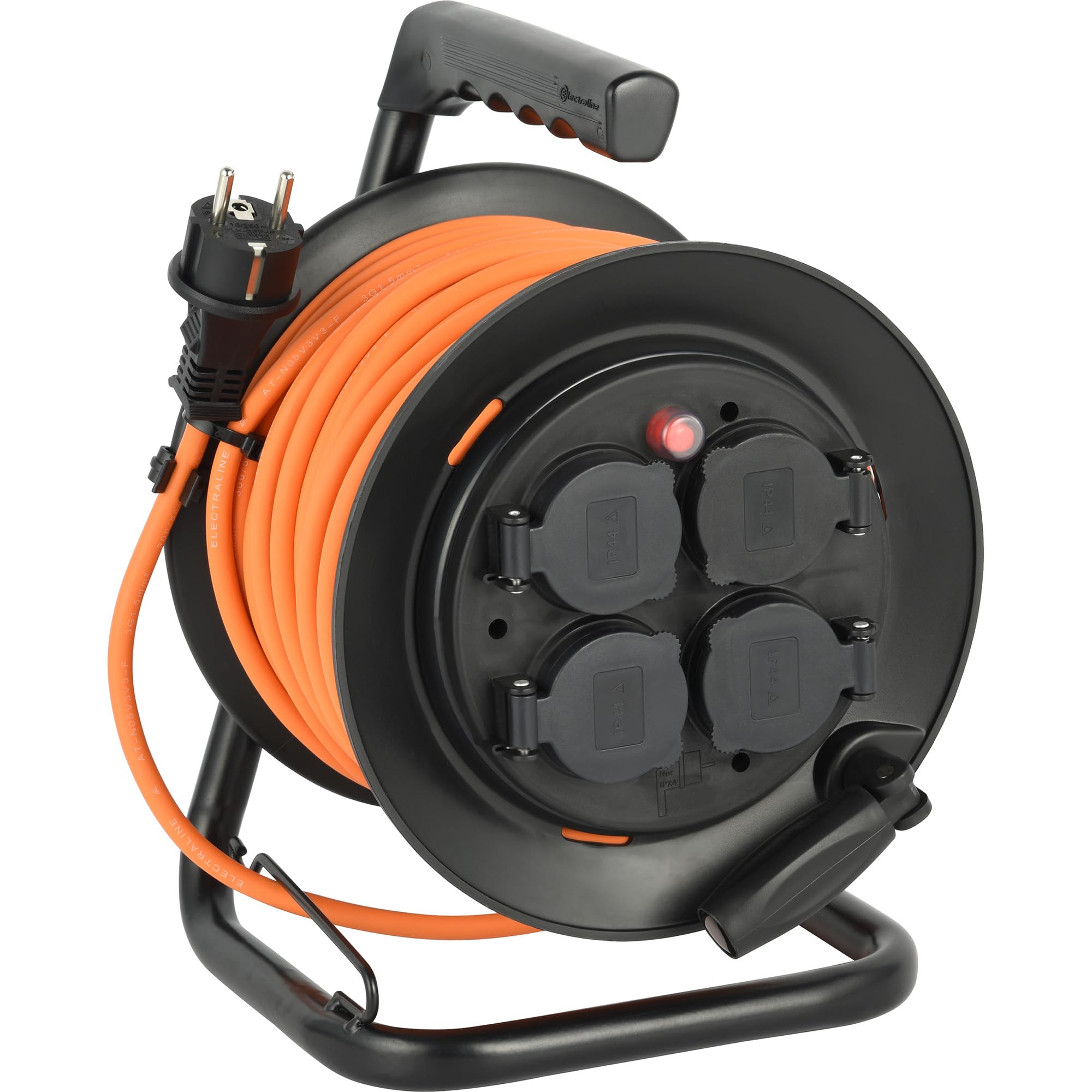 Electraline 49239 Bęben kablowy IP44, 25 m, specjalny kabel N05V3V3-F 3G1.5, zastosowanie do -35 °C, olej i promieniowanie UV, a ponadto wyjątkowo odporny na ścieranie, z 4 gniazdami ze stykiem