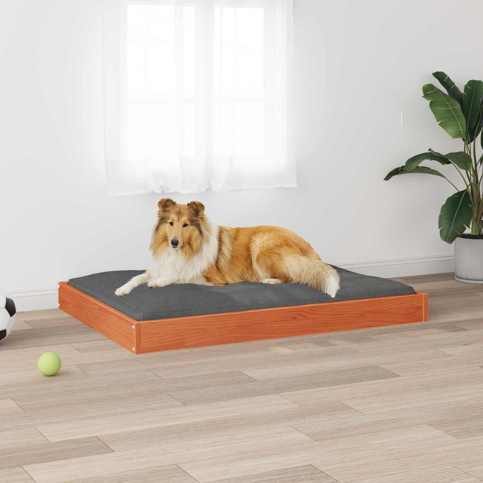 Hundebett Massivholz Kiefer wachsbraun, Hundekorb 101,5 x 74 x 9 cm, Stabiler Liegeplatz und Holzbett für Hunde, Moderne Hundeliege für den Innenbereich