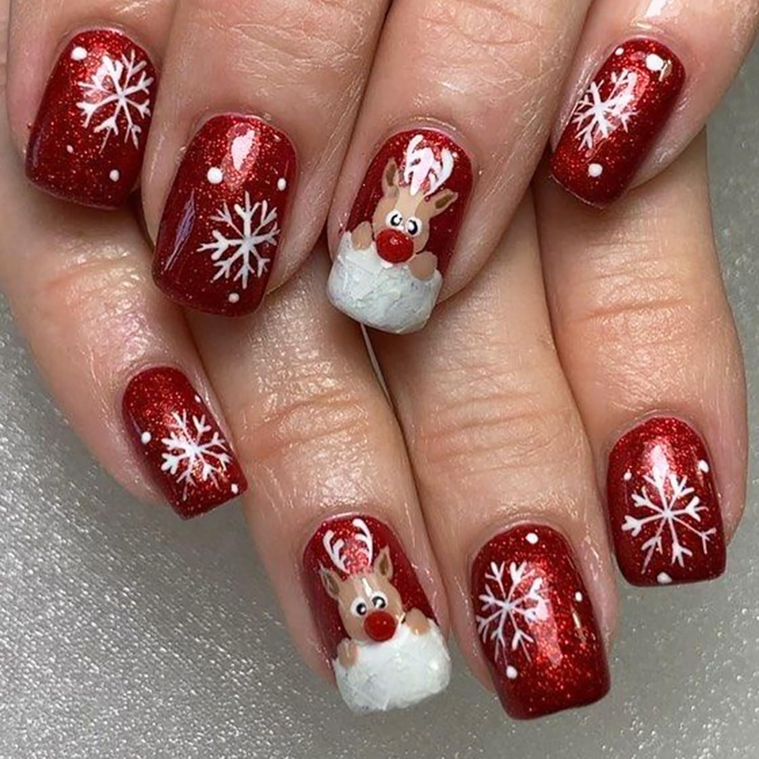 24Pcs Christmas Elk Press On Nails Short Square With Red Glitter Designs Winter Snowflake Acrylic False Nails Full Cover Stick On for Women Girls