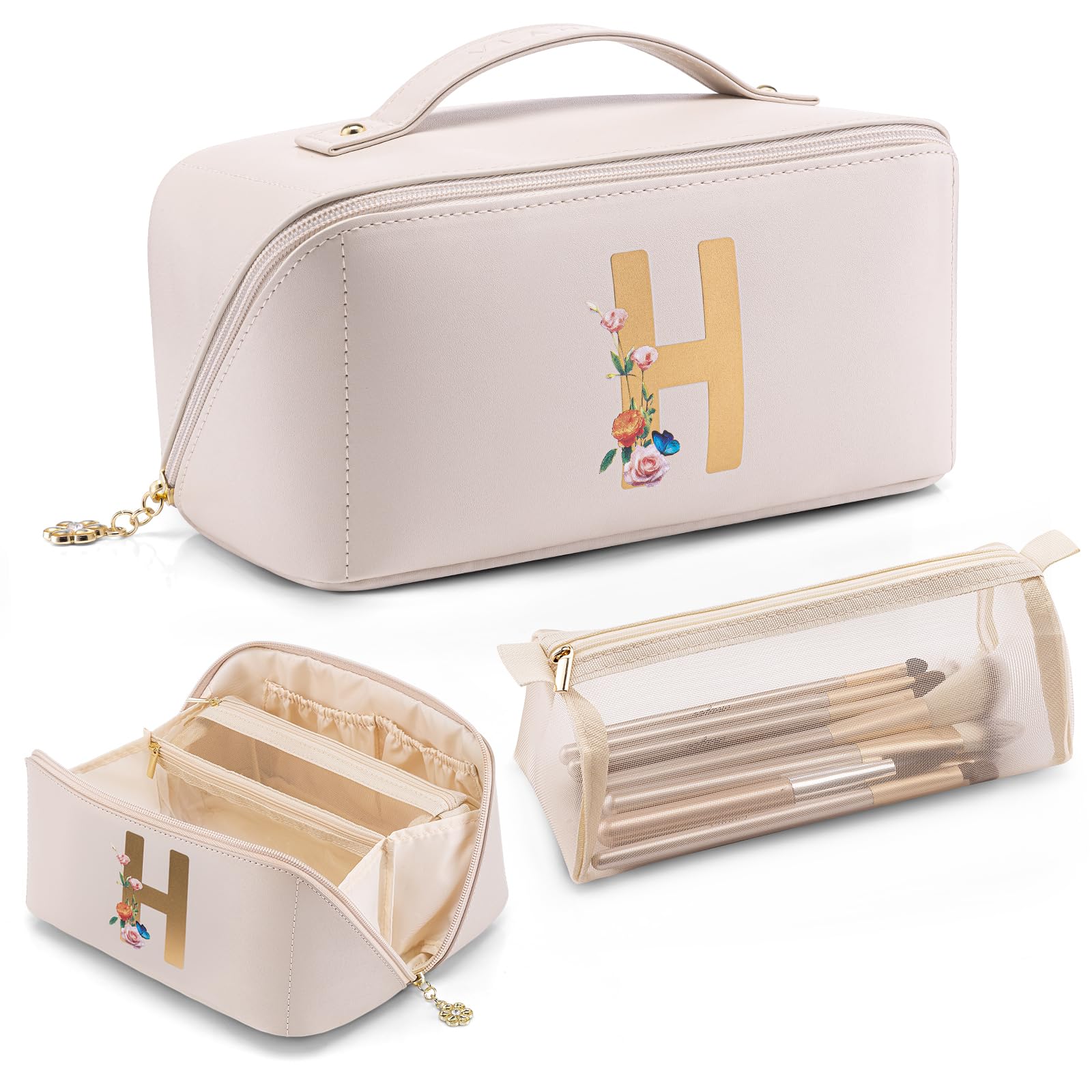 VLANDO Reise-Make-up-Tasche, Kulturbeutel für Damen, PU-Leder, offen, flach, Make-up-Tasche, 14. Weiß-H, 23,1 x 12,2 x 11,9 cm