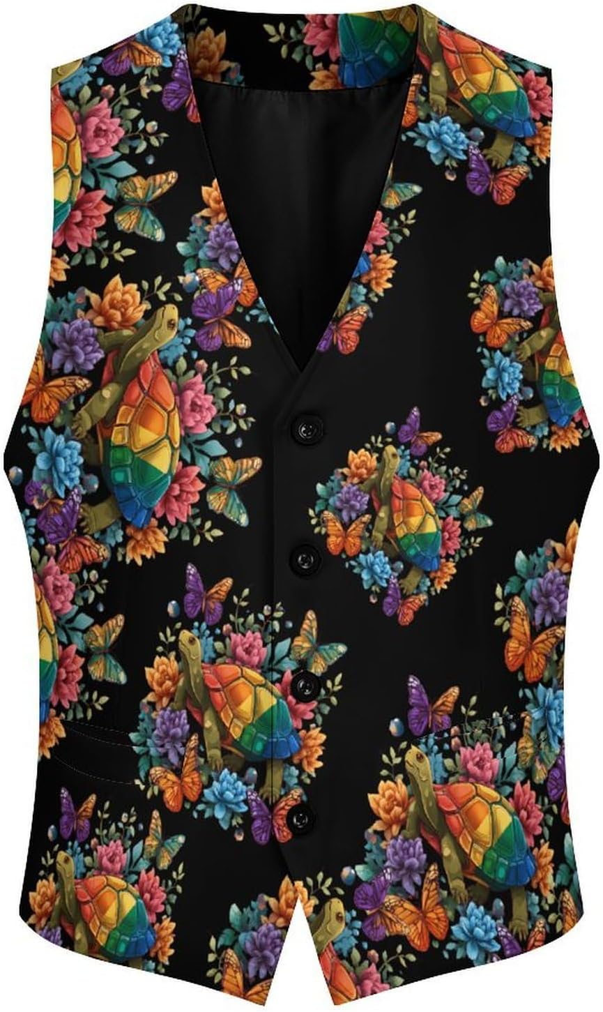 Colorful Sea Turtle Butterfly Men's Suit Vest Formal Vests Casual Dress Fit Waistcoat Casual Tuxedo for Business