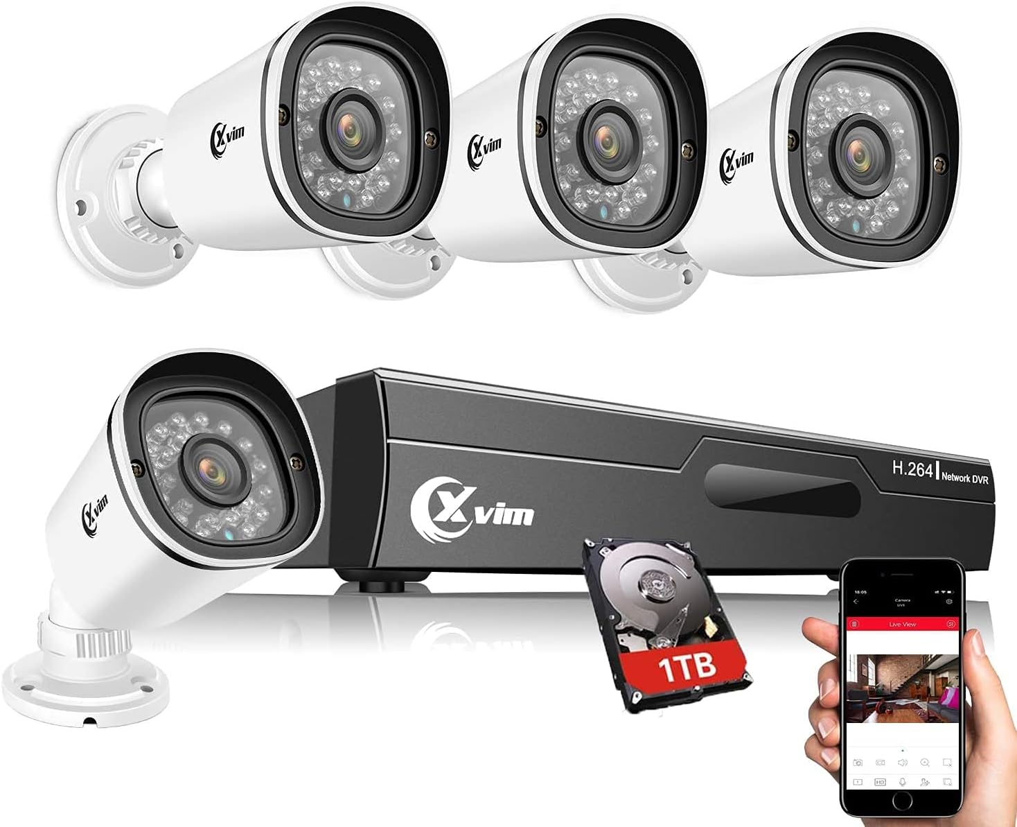 XVIM Wired Security Camera System - 8CH 1080P Home Security Camera System DVR, 4pcs HD Home Surveillance Cameras, IP66 Outdoor CCTV Camera System, Night Vision, Motion Detect, APP Access,1TB HDD