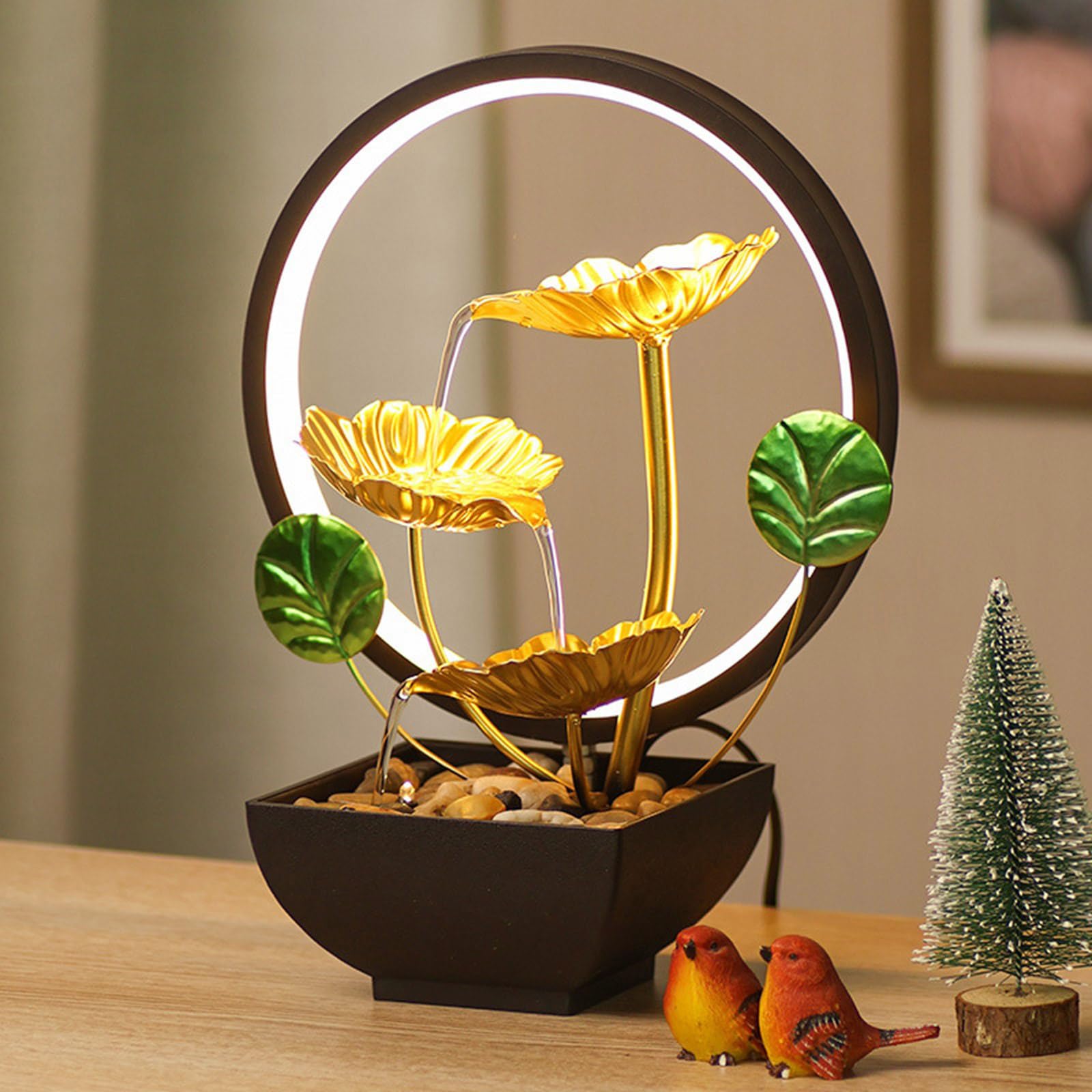 Fuente de cascada para interiores de 3 niveles con luz LED y piedras para calmar la decoración del hogar y la oficina, regalo de Año Nuevo, fuente pequeña para interiores