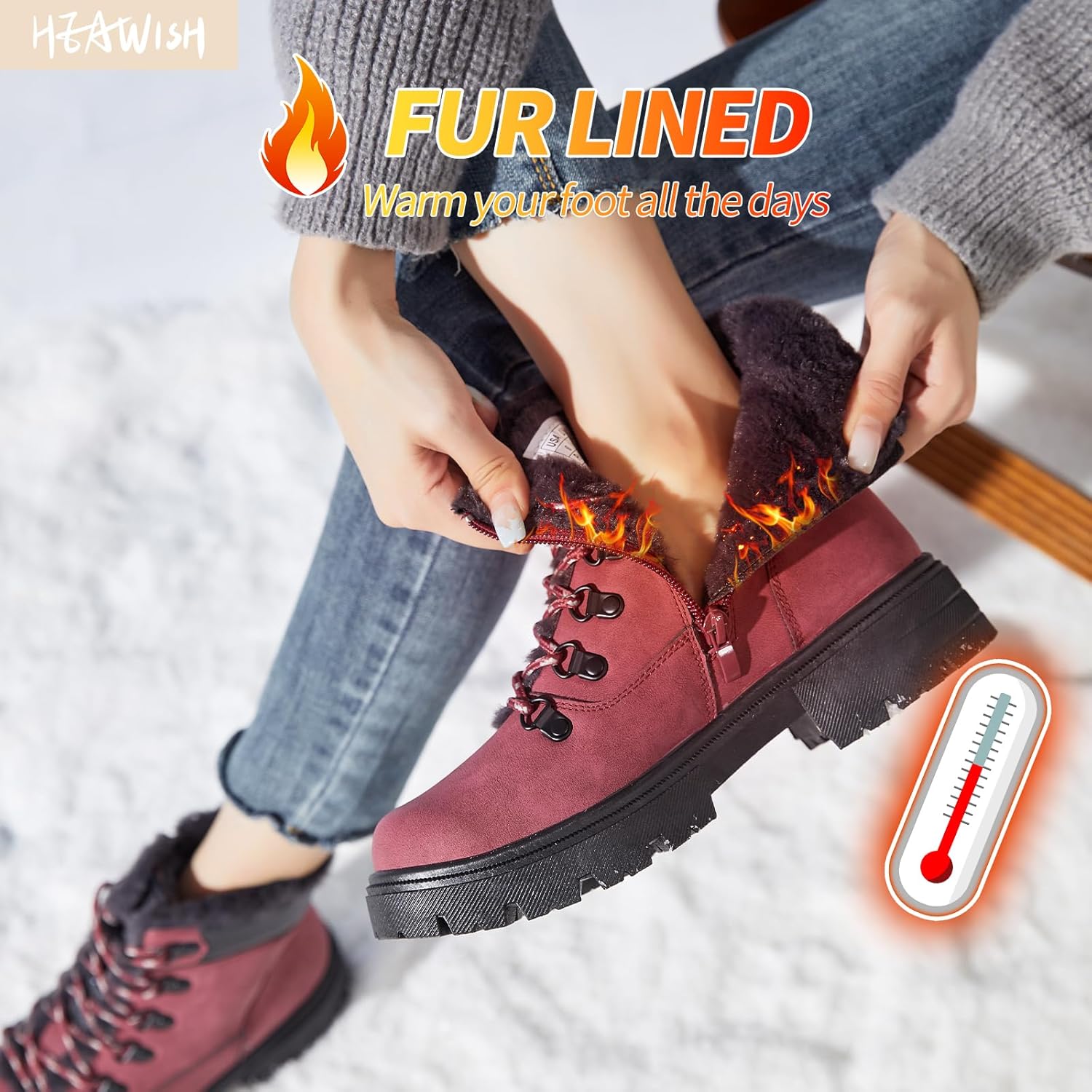 Women Winter Snow Boots with Fur Lined,Black Low heels Combat Ankle Boots,Non Slip Leather Ankle Boots for Women - Image 3