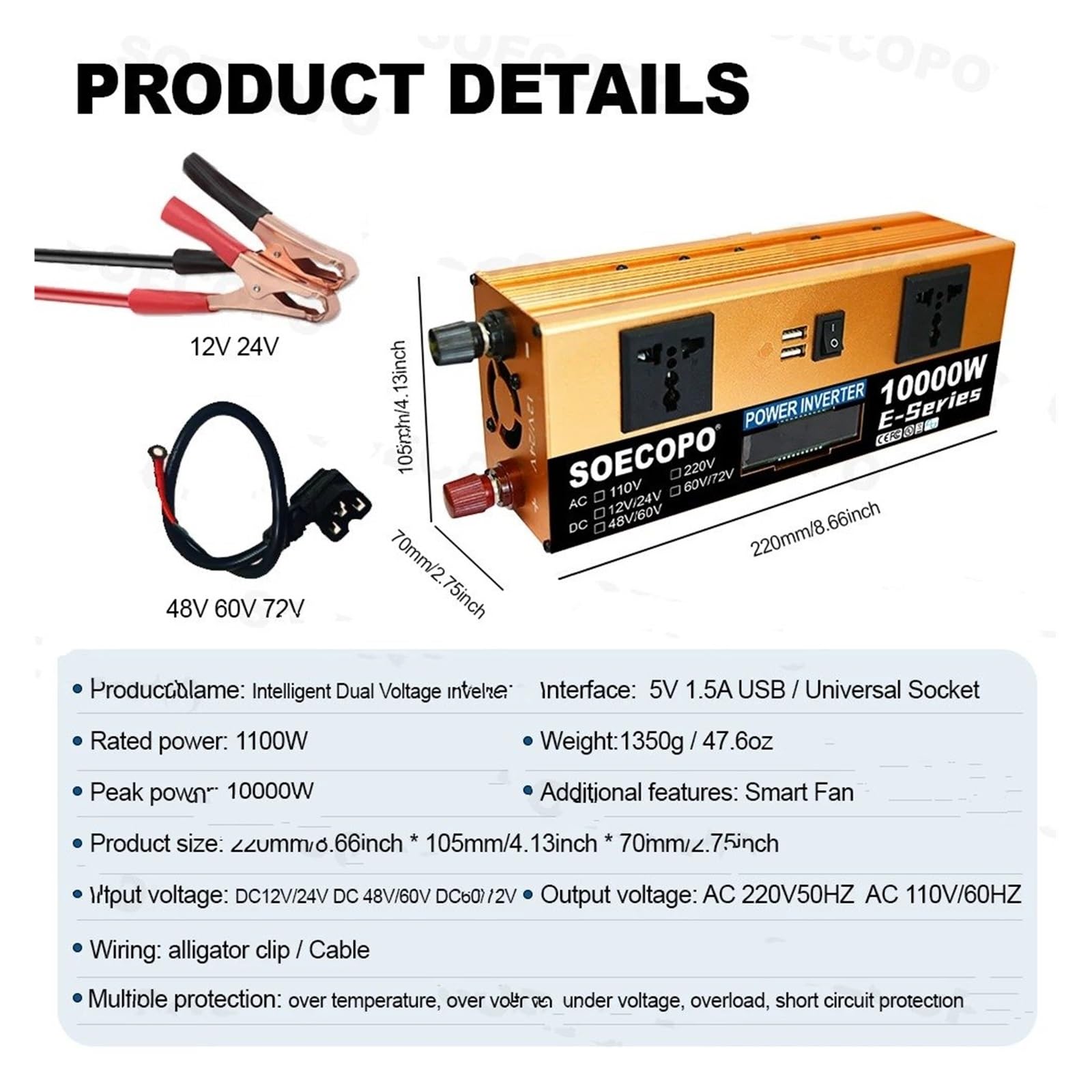 Inversor Inversor 10000 W Doble Voltaje 12 V 24 V 48 V 60 V 72 V A 110 V/220 V CA con Pantalla LCD Y Doble USB para Actividades Al Aire Libre(60V and 72V)