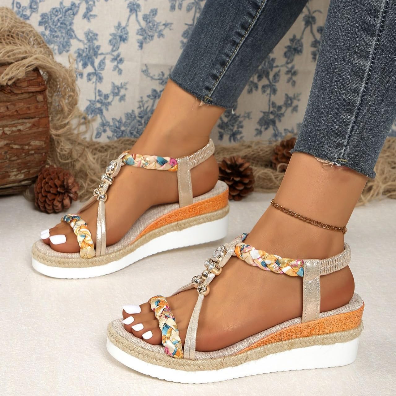 Sandalias de cuña bohemias para mujer, sandalias de plataforma informales de ancho ancho, ortopédicas, cómodas, para caminar, puntera abierta, sin cordones, correa al tobillo, zapatos elegantes de