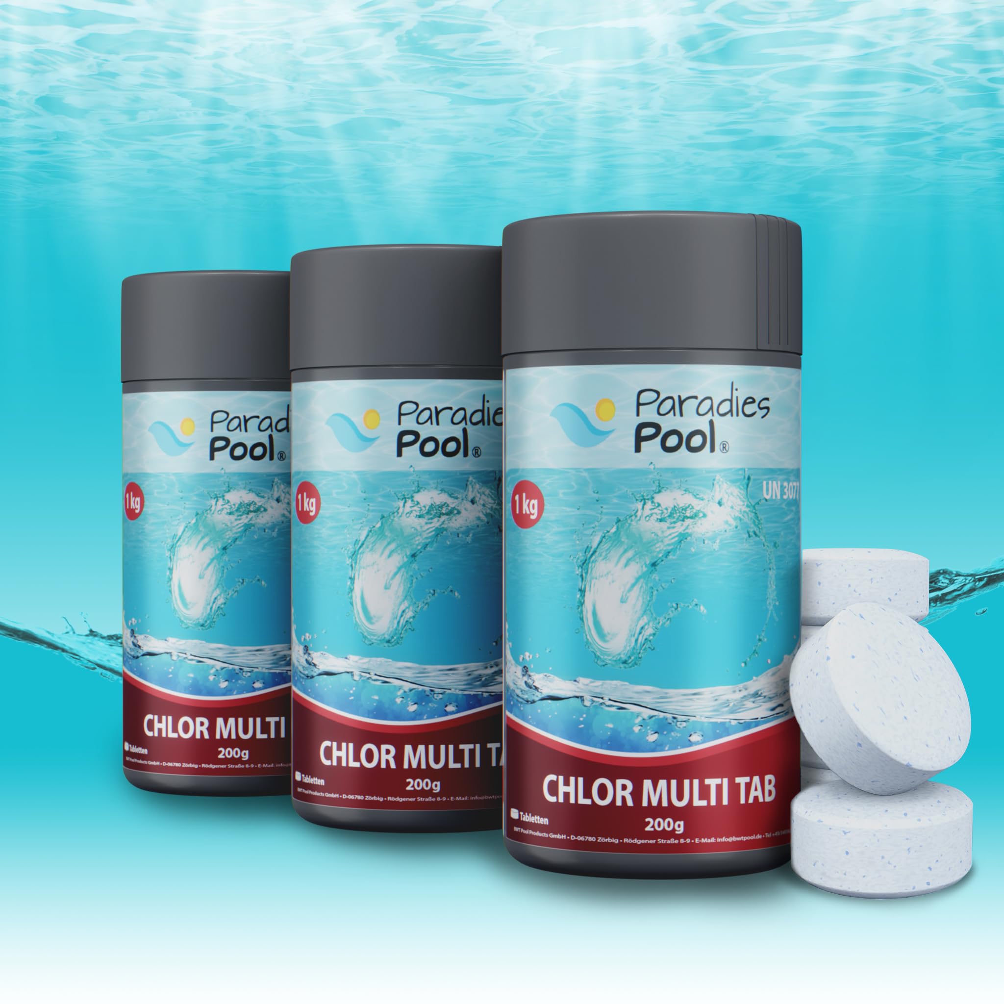 Paradies Pool Multi Tabs 200 g 3 kg, 4 in 1 Multi Tabletten mit Chlor, Algenschutz, Flockungsmittel, pH Stabilisator, zur Wasserbehandlung, Inhalt: 3 kg