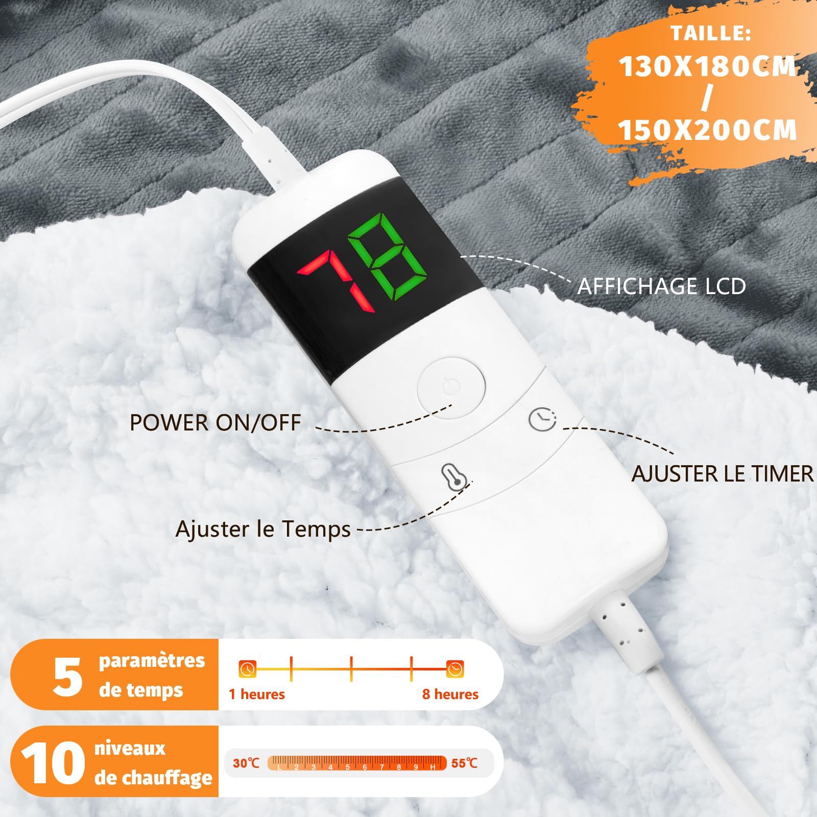 BOMOVA Heizdecke Wärmedecke mit Abschaltautomatik,Kuscheldecke flauschig Weihnachten,10 Heizstufen & 5-Stunden-Timer für Home,Geschenke für Frauen,Weihnachtsdeko für Bett Couchdecke,130x180cm,Grau