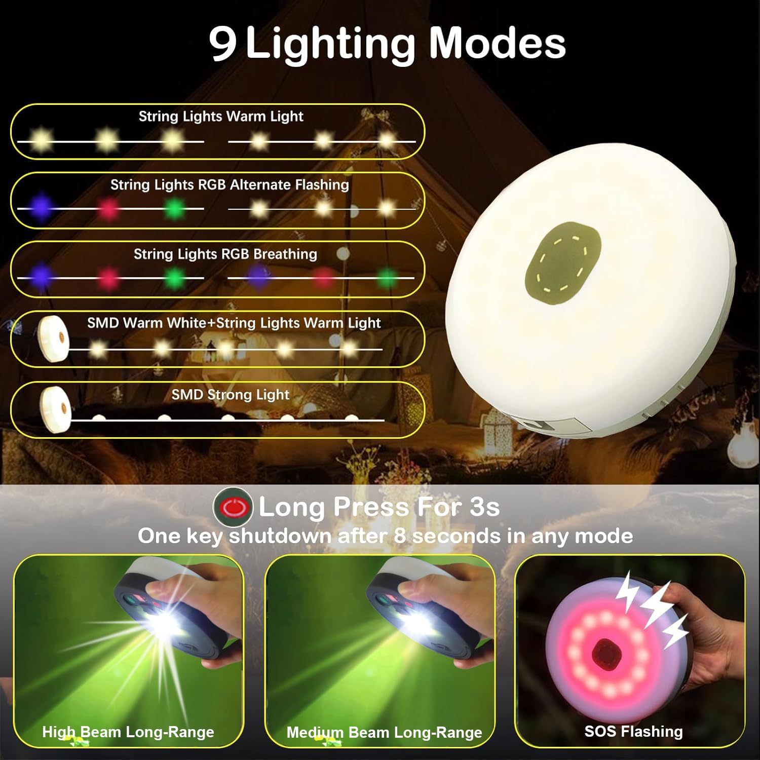 Camping Fairy String Lights with Remote Control,4 in 1 Outdoor String Lights with 8 Lighting Modes, Quick Storage - Image 4