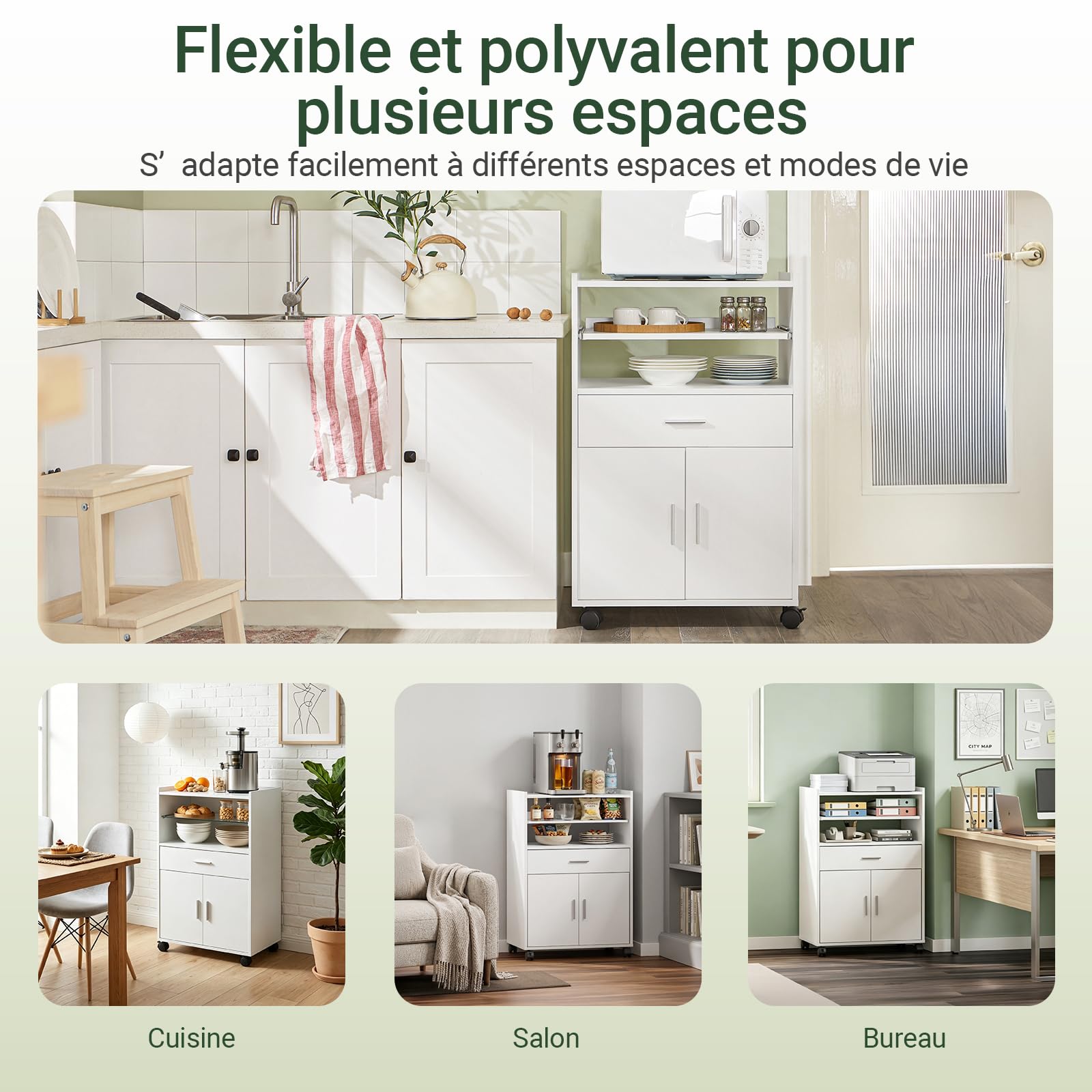 SoBuy Chariot de Cuisine sur roulettes avec Plan de Travail Extensible Meuble de Rangement pour Micro-Ondes Meuble Cuisine Blanc 92×59×40 cm Idéal pour, Bureau ou Salle à Manger FSB09-W