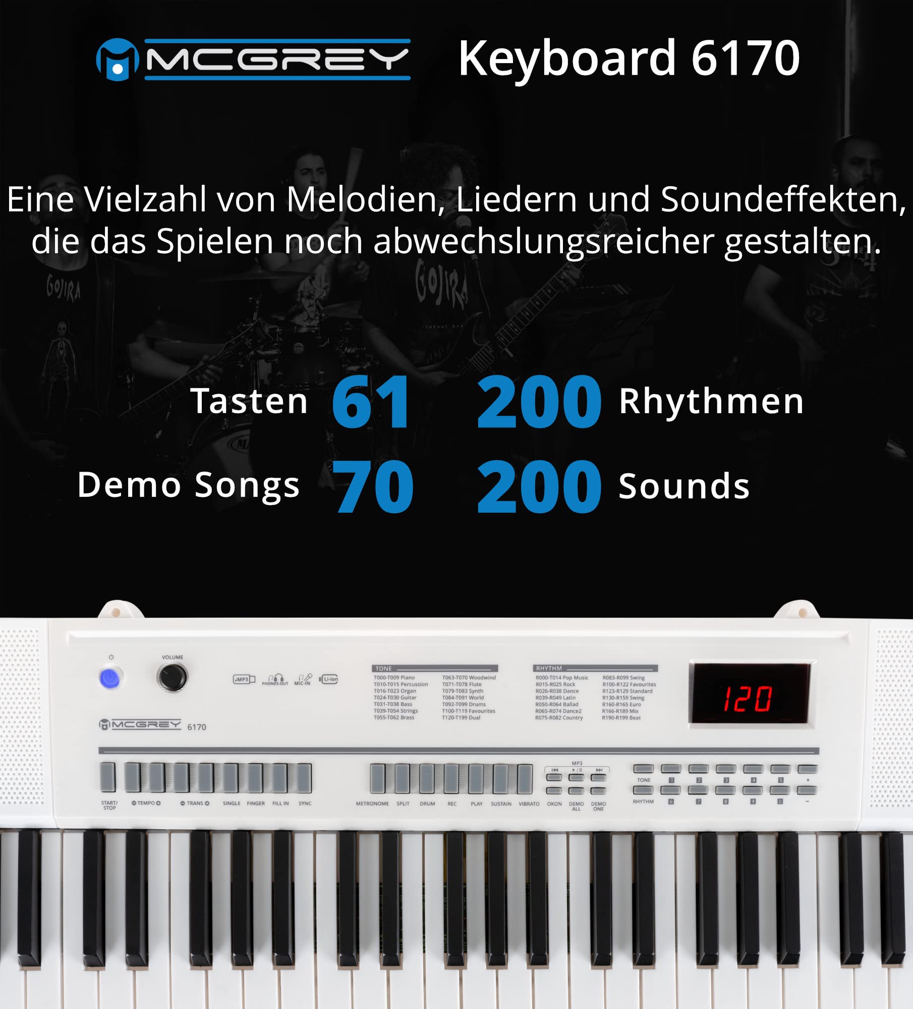 McGrey 6170 Akku-Keyboard Weiß Safety Fix Set, LC-Display, 200 Sounds | Einsteiger-Keyboard mit 61 Tasten in Standard-Größe, Integrierter Li Ion-Akku mit 1200 mAh, 200 Rhythmen, 70 Demo Songs, 5 cm