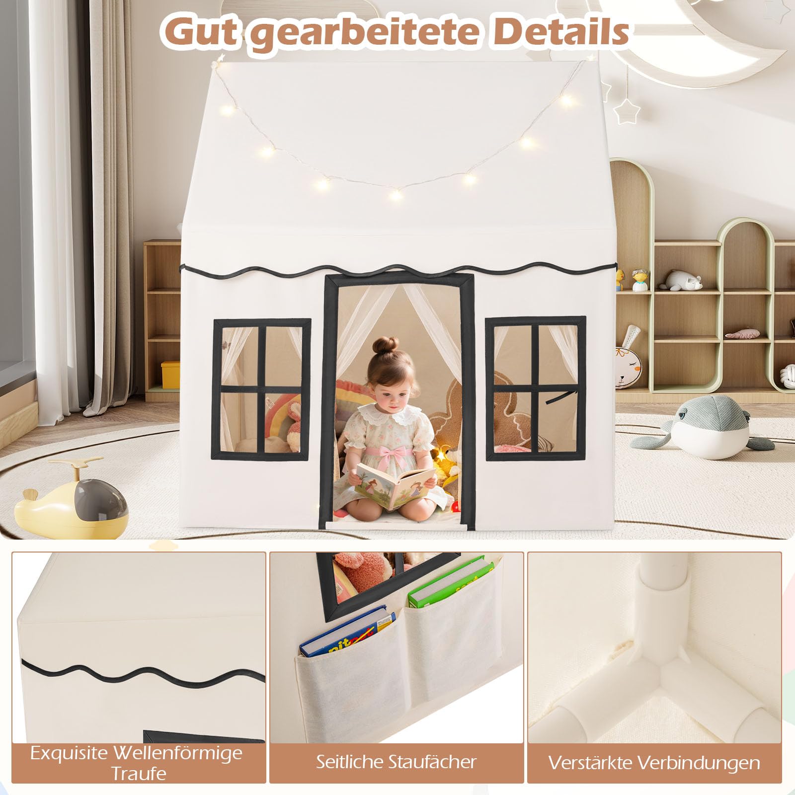 COSTWAY Kinderspielhaus mit Sternenlichtern, Prinzessin Prinzess Kinderzelt mit Fenstern & Netzvorhängen, Kinderspielzelt Spielzelt Spielhaus für Jungen und Mädchen (Beige)