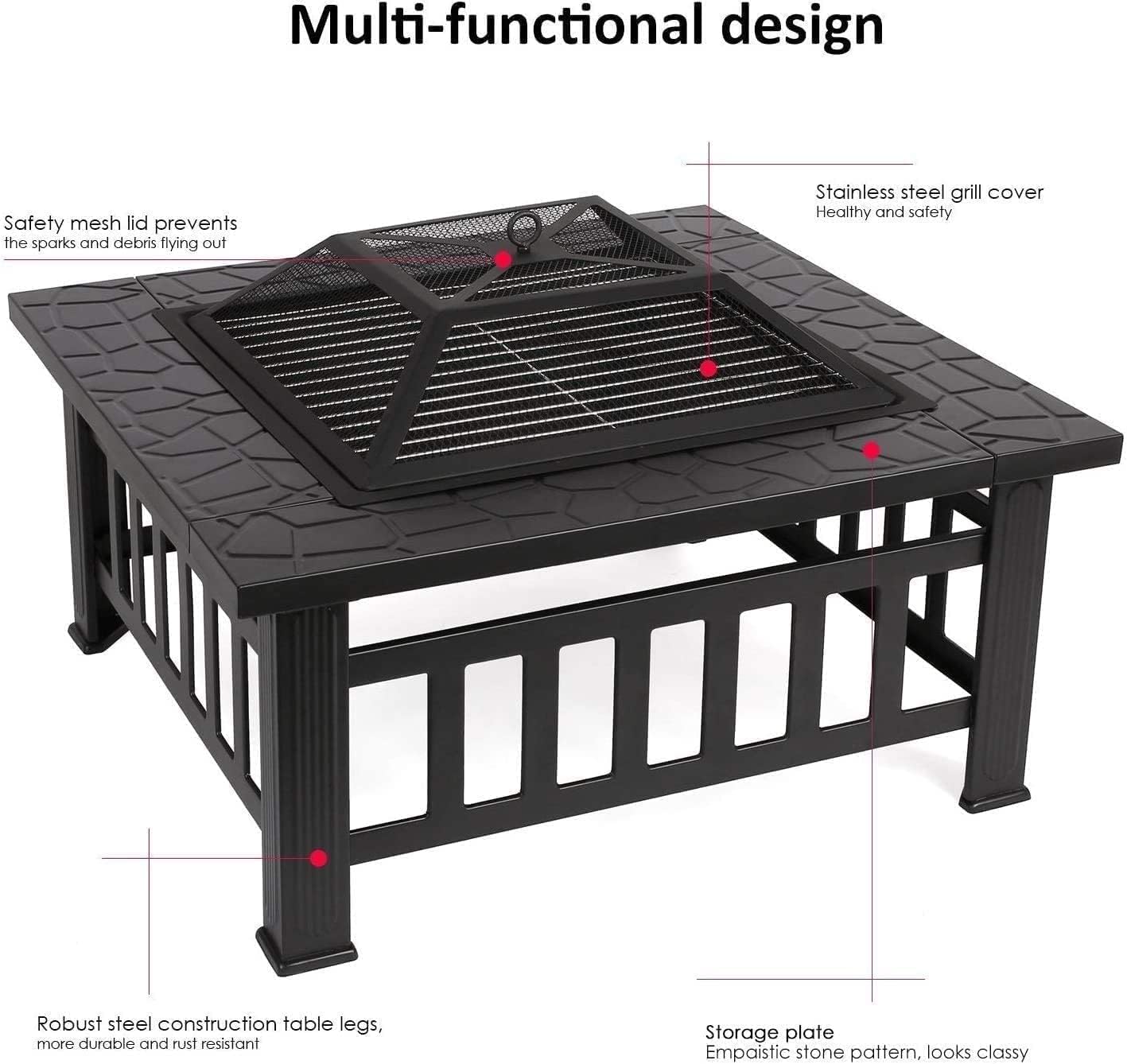 Garden Fire Pit Grill Bowl Grill Barbecue Rack Fire Pit,Outdoor Brazier Metal Square Patio Firepit Table BBQ Garden Stove with Spark Screen Cover Log Grate and Poker