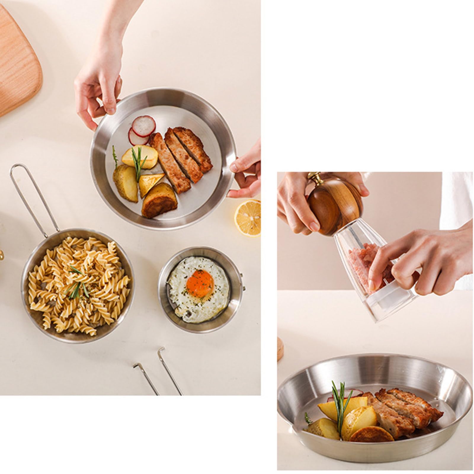 Padella multifunzionale in acciaio inox con manico pieghevole con utensili da cucina per viaggi e campeggio