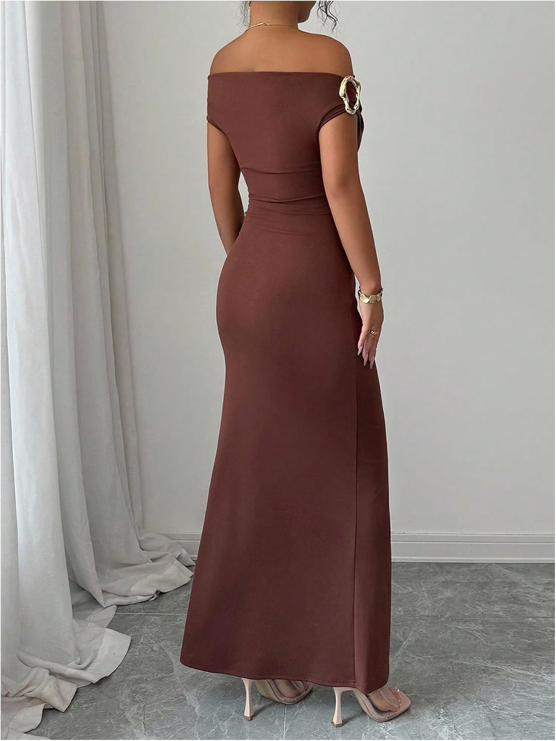 Floerns Women's Off The Shoulder Maxi Dress Metal Sleeveless Bodycon Wedding Guest Dresses - Image 3