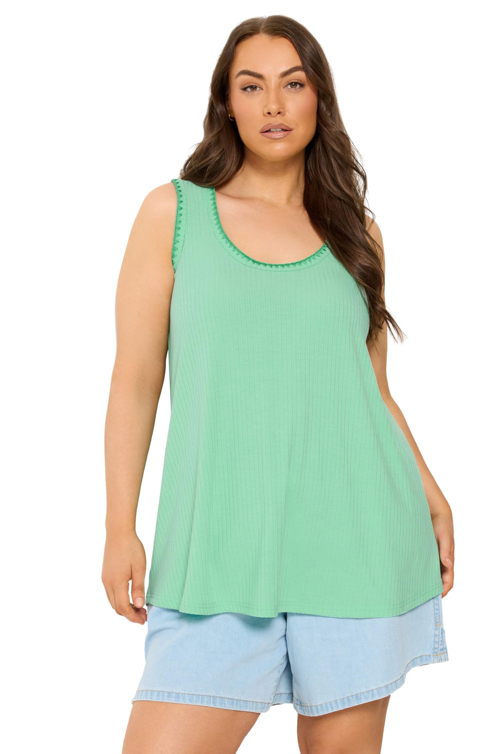 Yours Women's Lime Contrast Blanket Stitch Ribbed Vest Top In | Size: 18