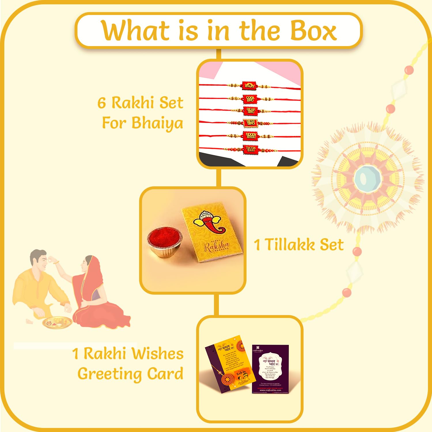 CraftVatika Rakhi Set of 6 for Brother, Bhai, Bhaiya, Mens & Boys Bro Girls Kids with Best Wishes Greeting Card, Rakshabandhan Tilak Set 2