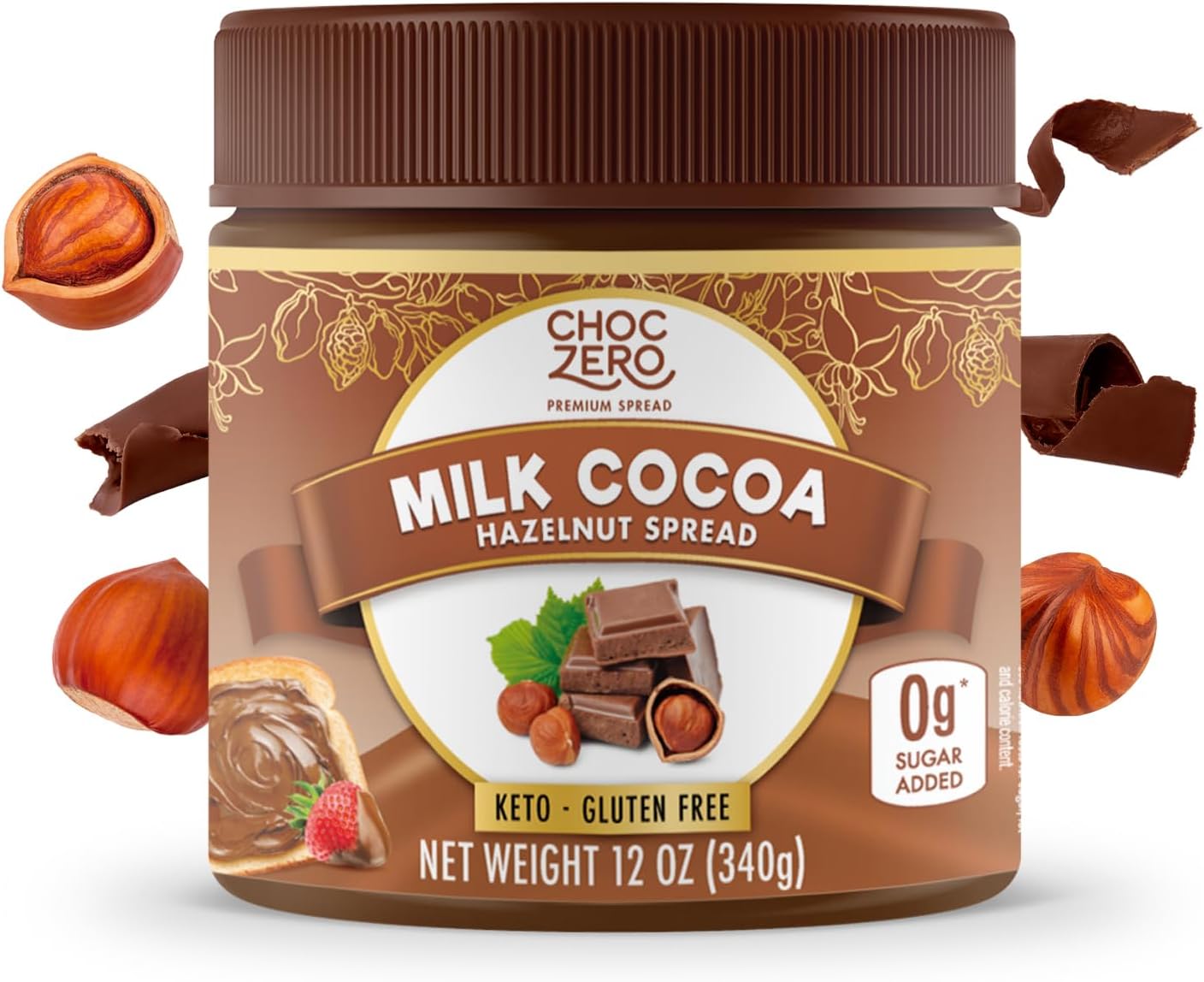 - Milk Chocolate Hazelnut Spread - No Added Sugar, Keto Friendly Low-Carb Chocolate Hazelnut Dessert & Bread Topping, Gluten Free, High Fiber, 12 oz Jar