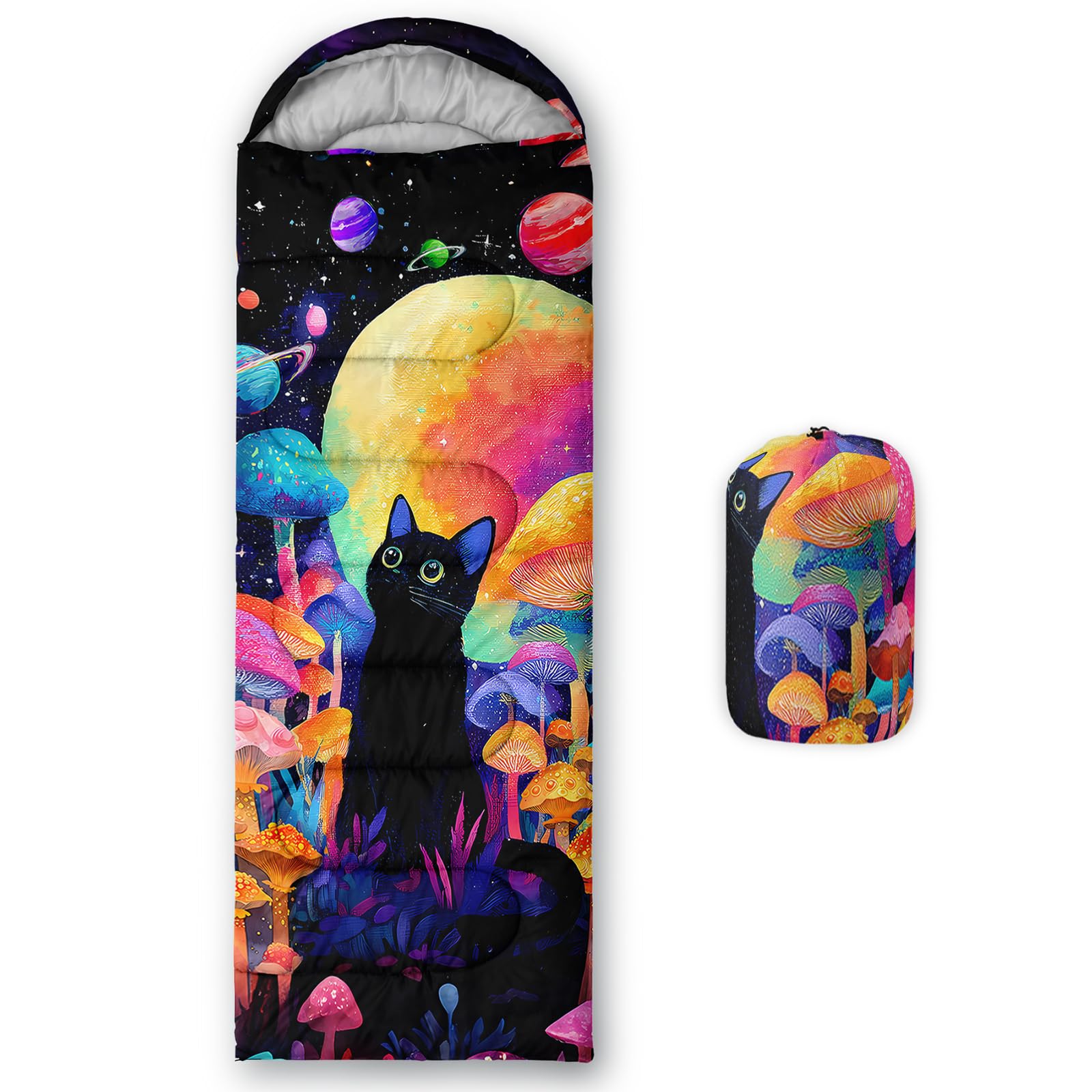 QOOMO Cute Cat Mushroom Waterproof Sleeping Bags for Adults & Kids,Printed Camping Sleeping Bags, 3 Season Warm & Cool Weather,Lightweight,Traveling,and Outdoors,Camping Gear Equipment,31x90inch