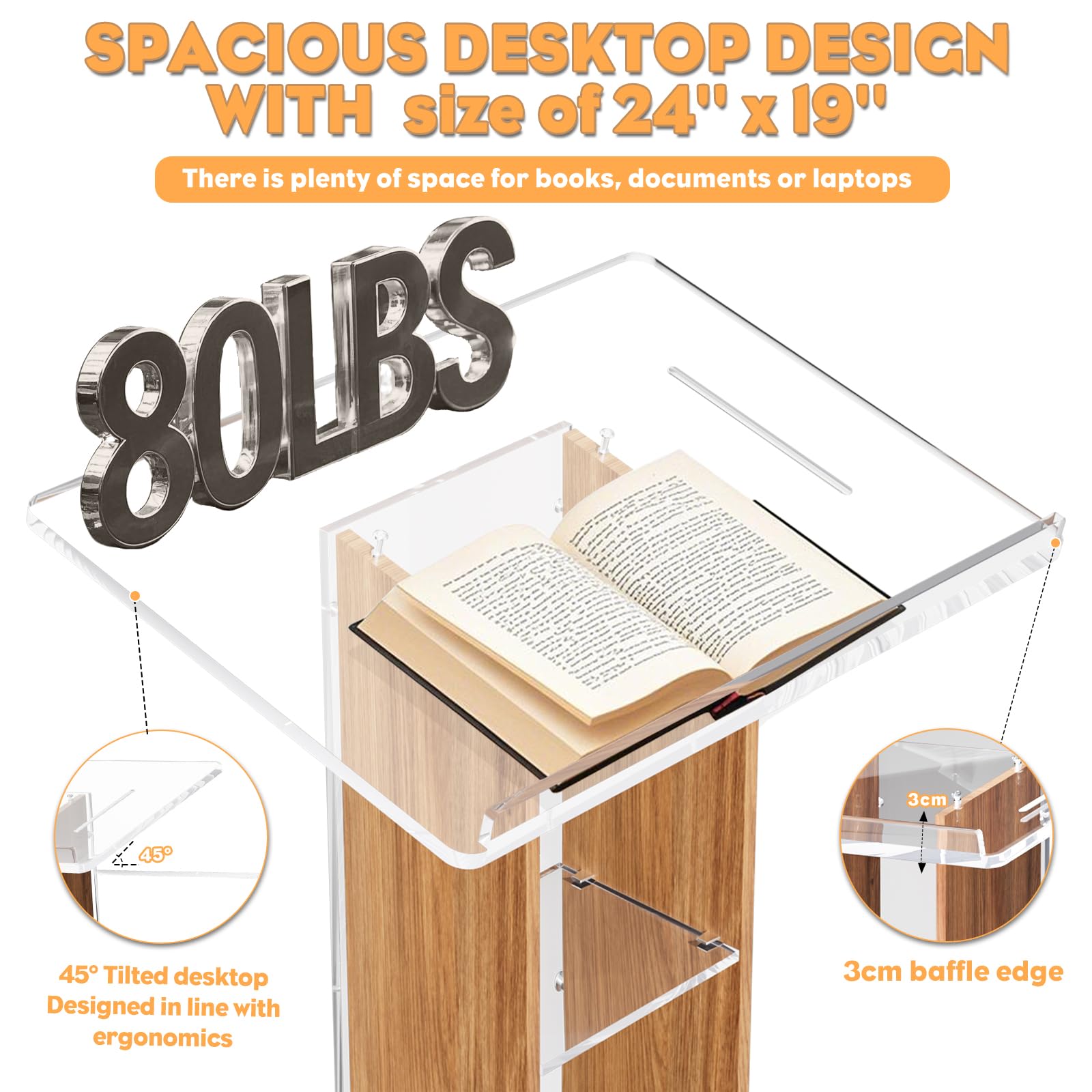Afitdon Podium en acrylique et bois, Pupitre transparent en acrylique avec étagère de rangement, Chaire d'église avec large plateforme de lecture épaissie, Support de podium stable pour église