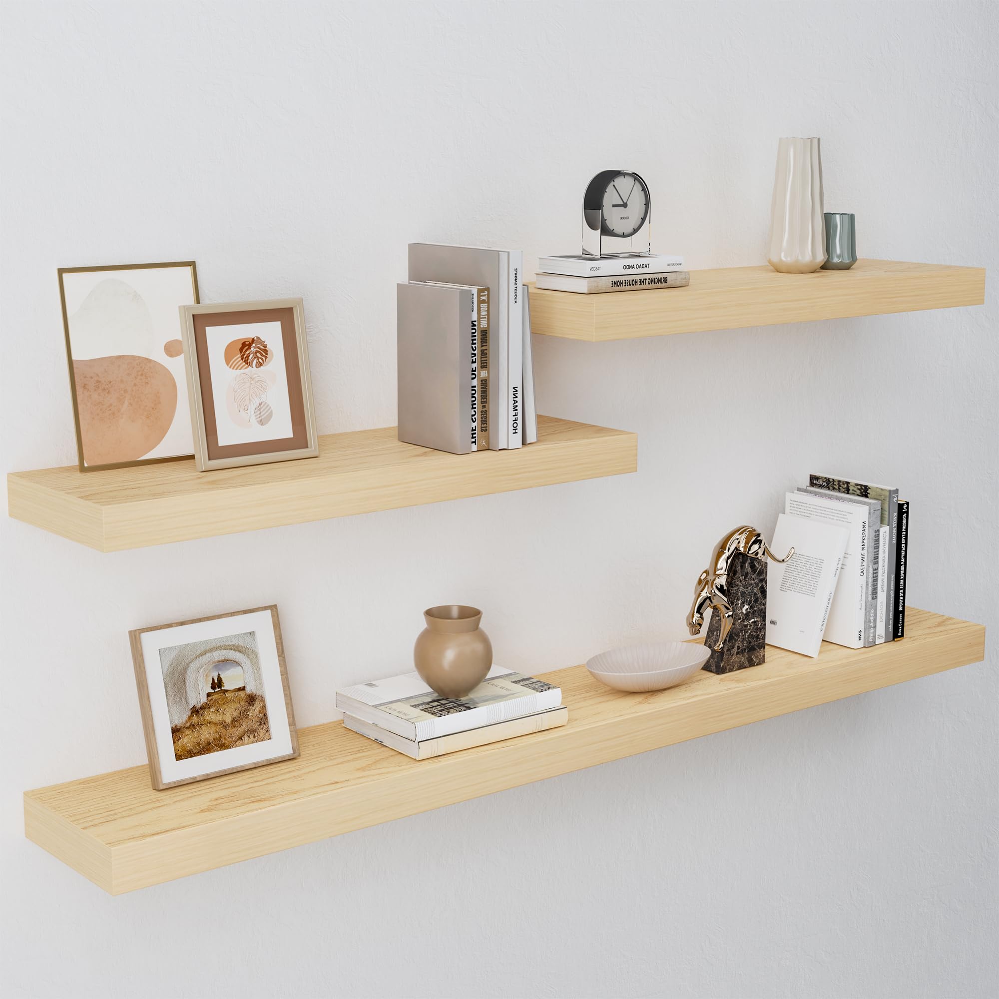White Oak Floating Shelf for Wall Set of 3, 8 Inch Deep Wood Floating Shelves Wall Mounted, 2 Inch Thick Wall Shelves for Kitchen Living Room Bathroom Laundry Office, 50LBS Capacity (24 & 48 Inch)