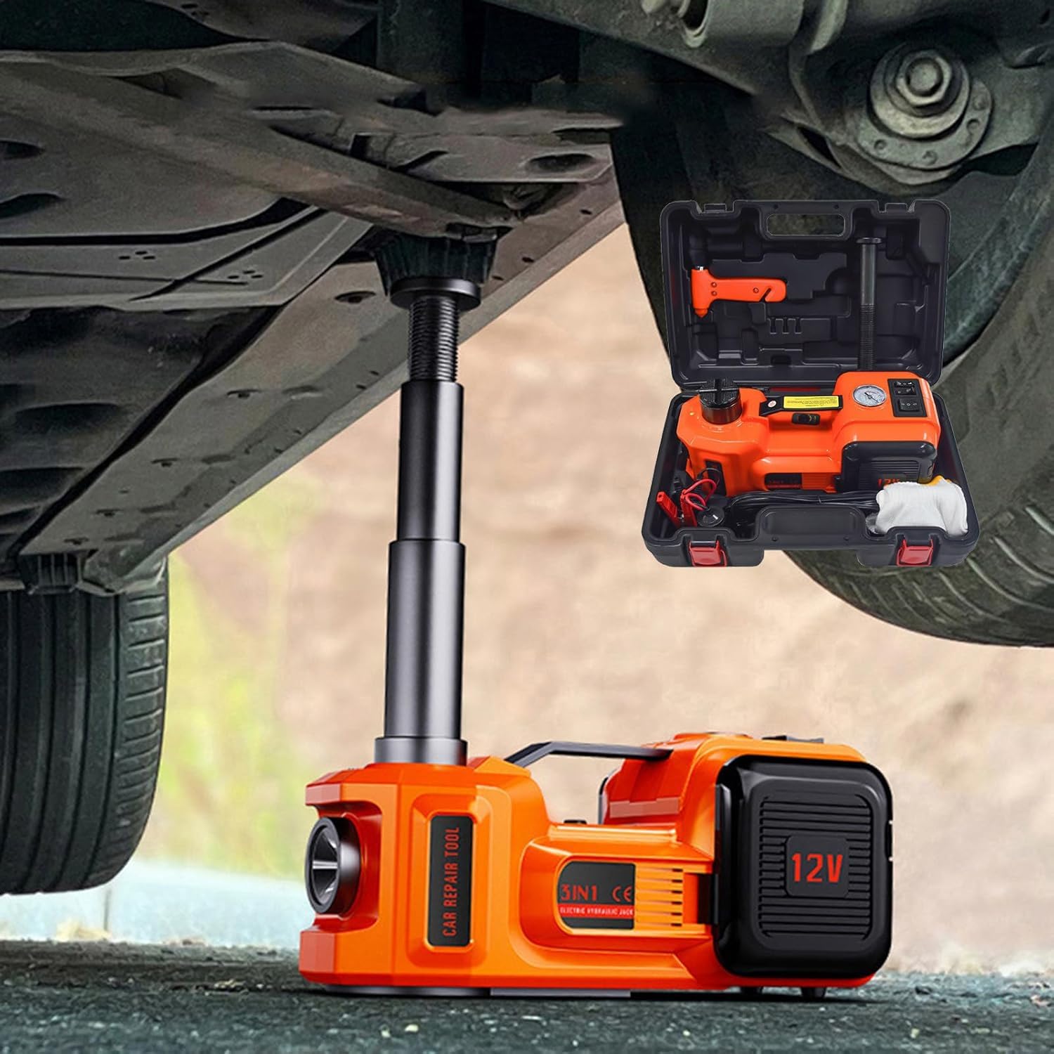 Zestaw podnośnika samochodowego elektrycznego o udźwigu 5 ton – hydrauliczny z podwójnym zasilaniem, oświetleniem LED i sprężarką powietrza – idealny do awaryjnej wymiany opon (53cm)