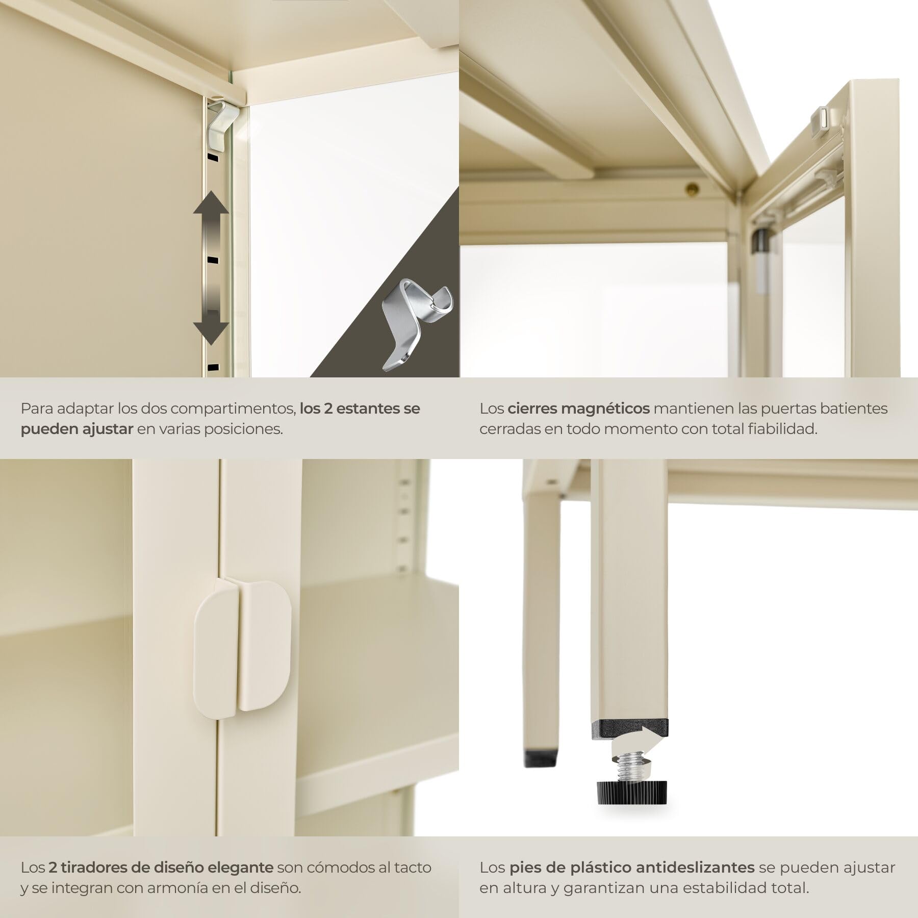 tectake® Vitrina Expositora con Puertas de Cristal con Cierre Magnético, Mueble Baño con Estantes Ajustables, Estanterias Almacenaje con Patas Ajustables, Estanteria - Crema